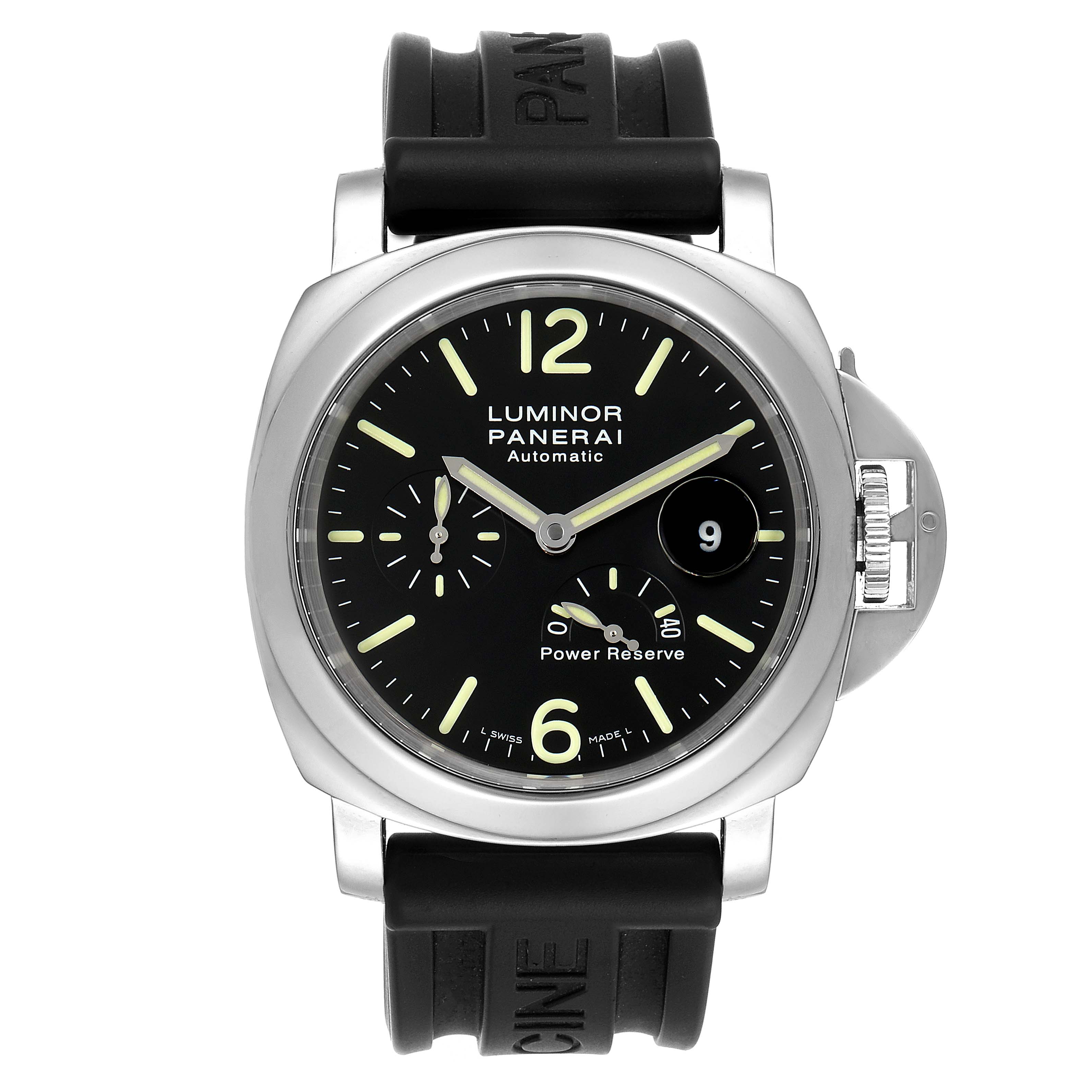 The image shows a front view of the Panerai Luminor PAM00090 Men
s Stainless Steel Black Dial PAM00090 Men
s Stainless Steel Black Dial watch, including the dial, bezel, case, and rubber strap.