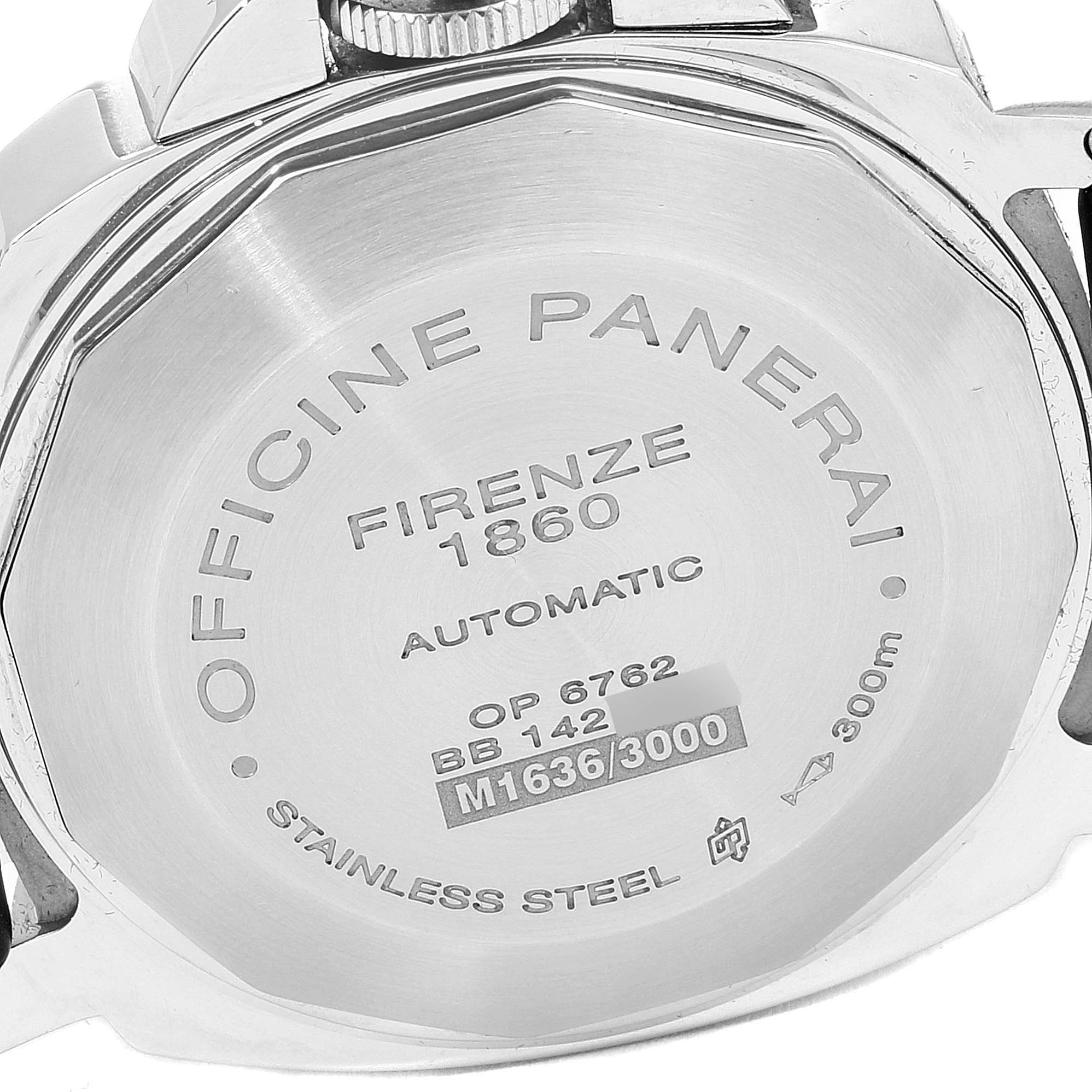 The image shows the back case of a Panerai Luminor PAM00090 Men
s Stainless Steel Black Dial PAM00090 Men
s Stainless Steel Black Dial watch, featuring engravings and a stainless steel finish.