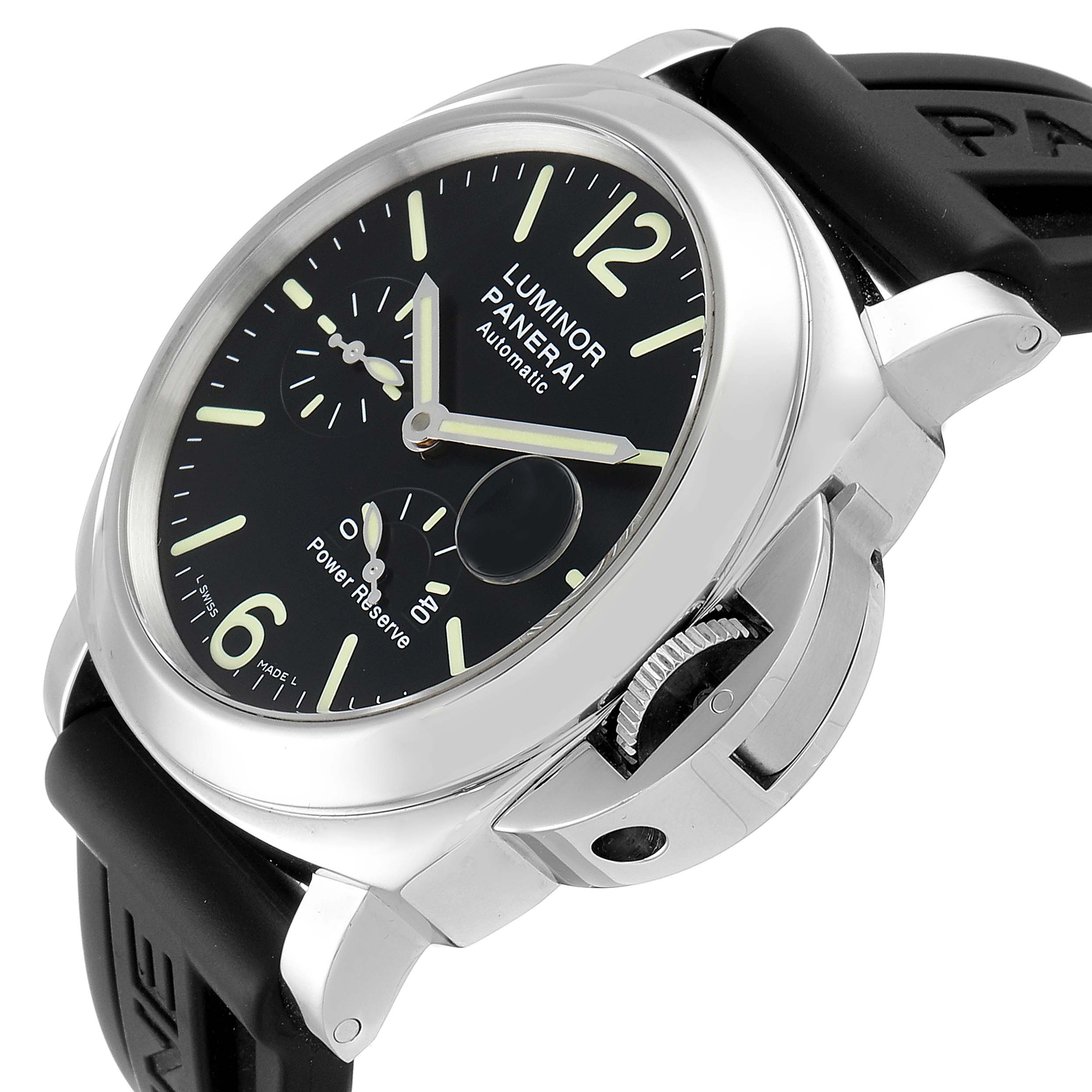 This image shows a Panerai Luminor PAM00090 Men
s Stainless Steel Black Dial PAM00090 Men
s Stainless Steel Black Dial watch at an angle highlighting its face, crown guard, and black rubber strap.