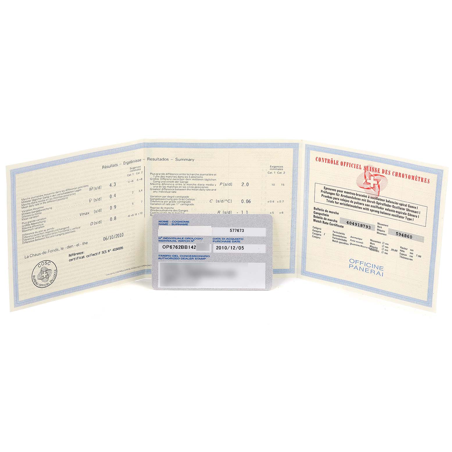 This image shows warranty and certification papers for the Panerai Luminor PAM00090 Men
s Stainless Steel Black Dial PAM00090 Men
s Stainless Steel Black Dial model.