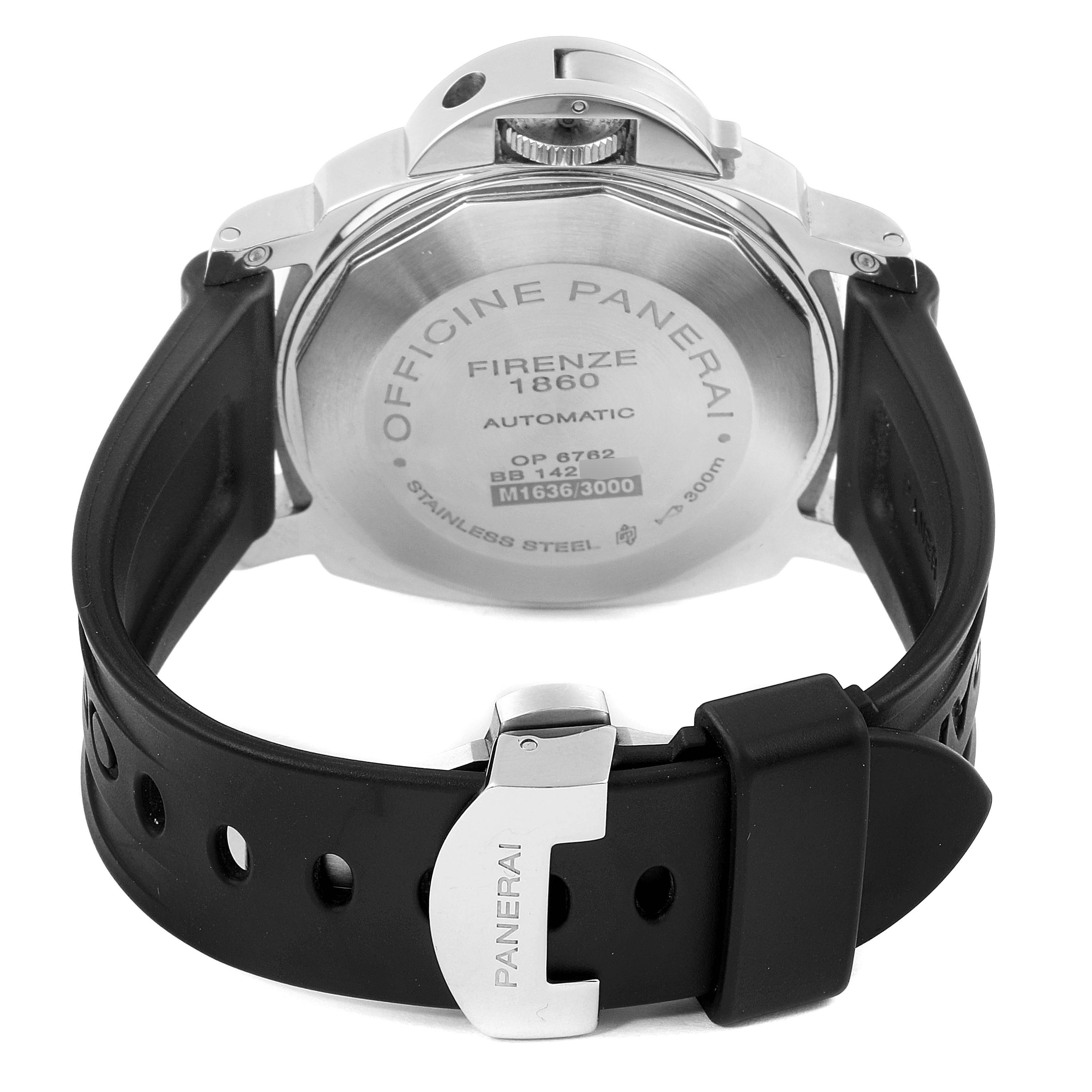 The image shows the back view of a Panerai Luminor PAM00090 Men
s Stainless Steel Black Dial PAM00090 Men
s Stainless Steel Black Dial watch, displaying the case back and rubber strap with the Panerai buckle.