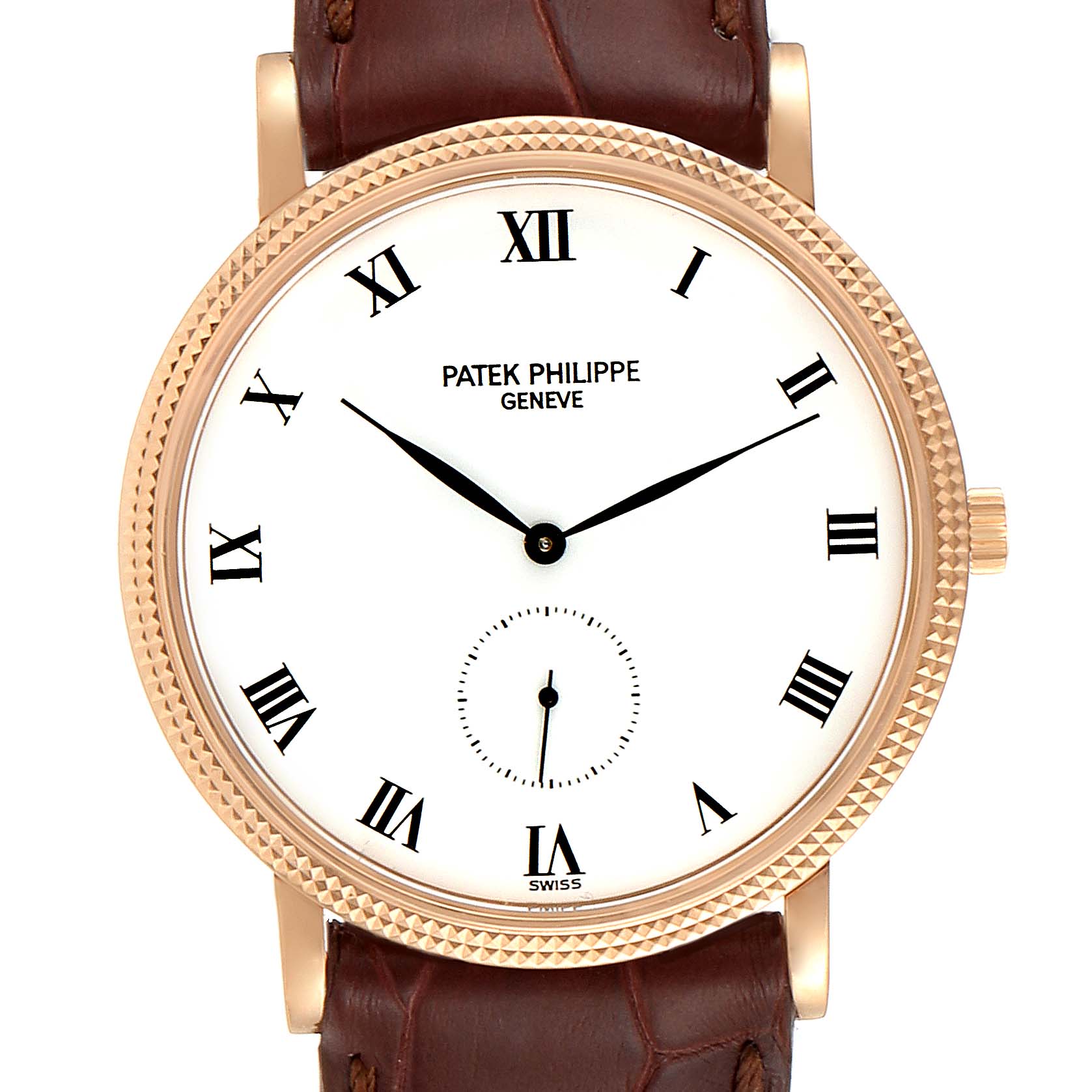The image shows a close-up, front view of the Patek Philippe Calatrava 3919R Men
s Rose Gold White Dial 3919R Men
s Rose Gold White Dial watch, highlighting its dial, hour markers, hands, and part of the leather strap.