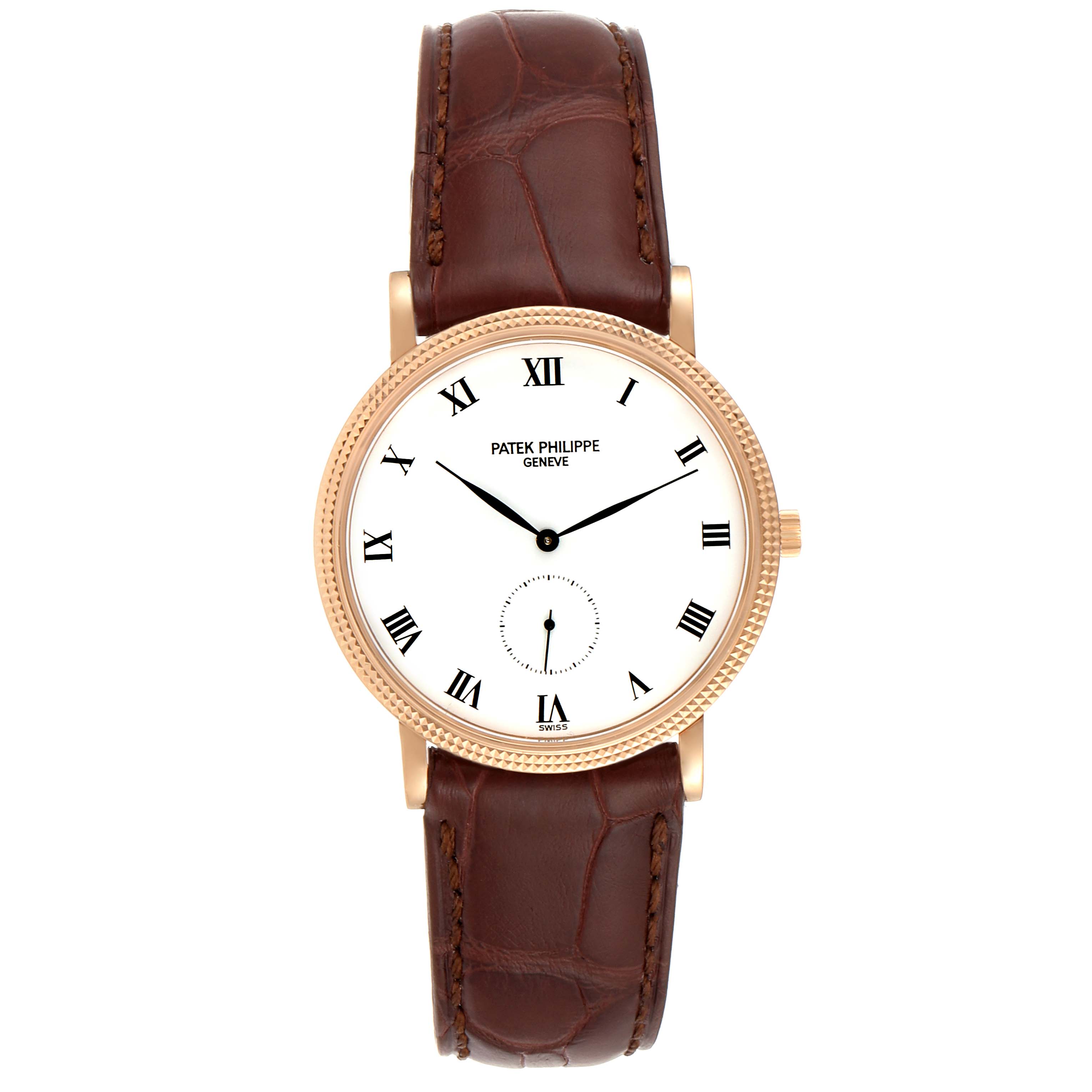 The image shows a front view of a Patek Philippe Calatrava 3919R Men
s Rose Gold White Dial 3919R Men
s Rose Gold White Dial watch featuring a white dial, Roman numerals, and a brown leather strap.