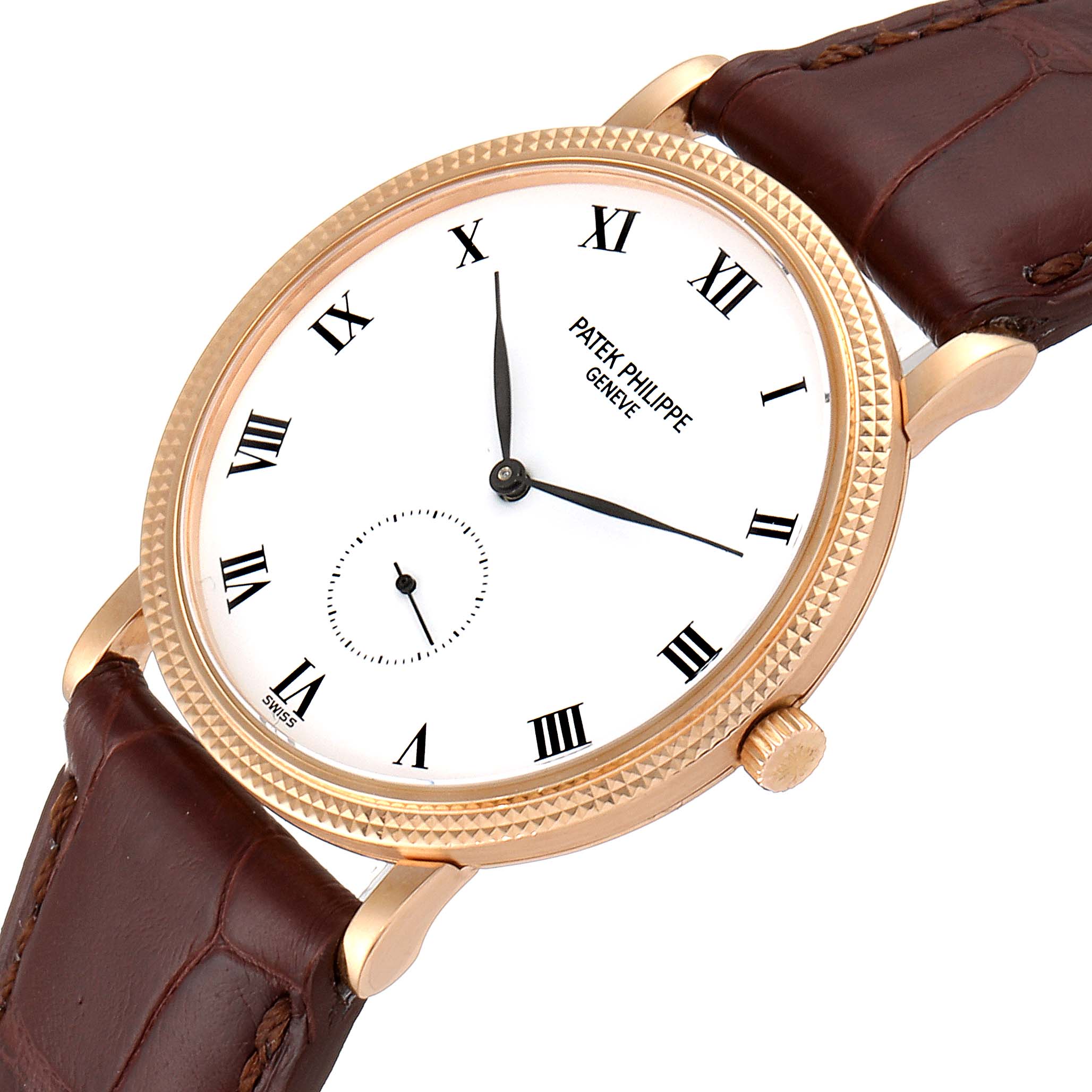 The image shows a Patek Philippe Calatrava 3919R Men
s Rose Gold White Dial 3919R Men
s Rose Gold White Dial watch from a slightly tilted front angle, highlighting its dial, hands, crown, and leather strap.