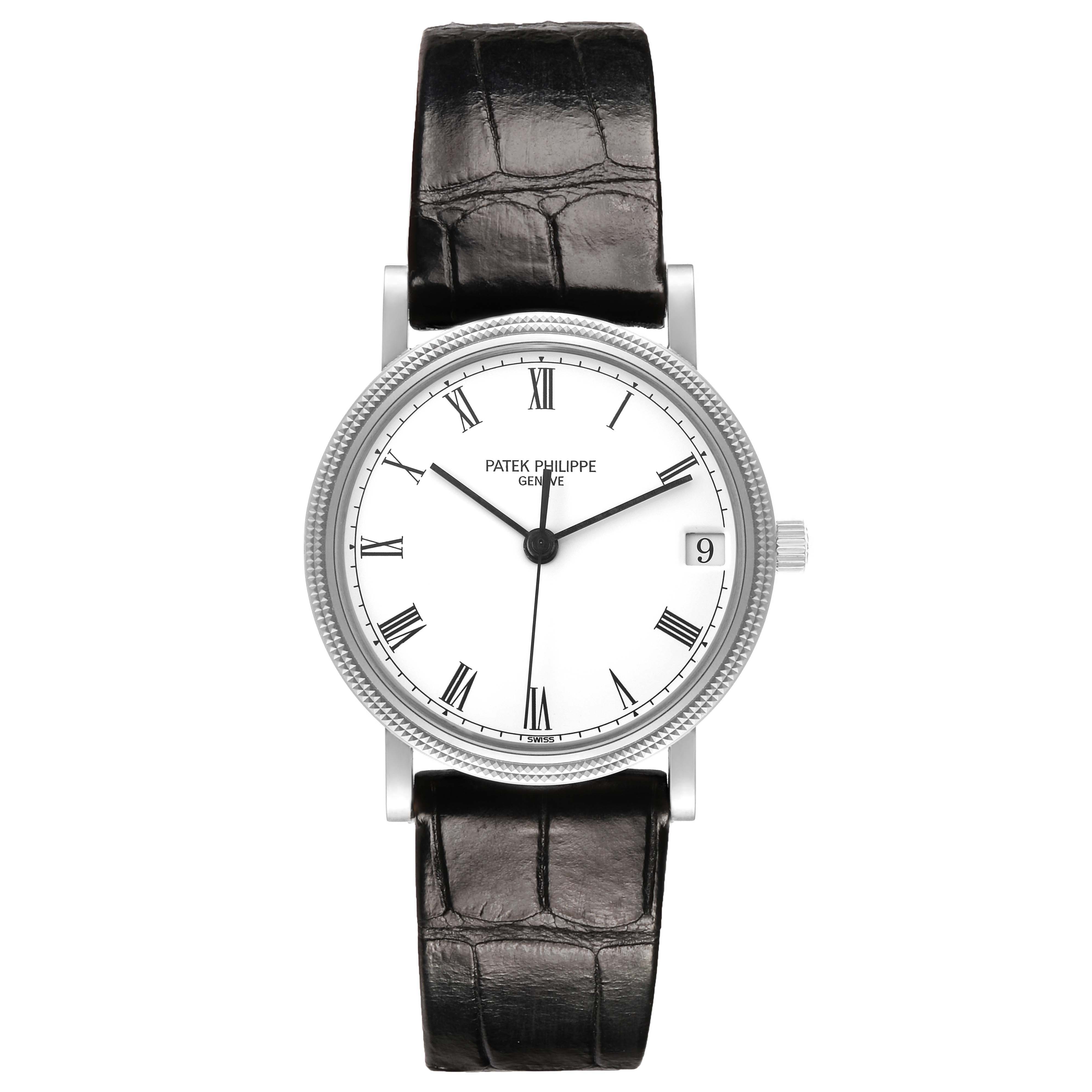 The Patek Philippe Calatrava 3802/200G-001 Men's White Gold White Dial watch is shown from a front view, displaying the dial, hands, Roman numerals, and strap.
