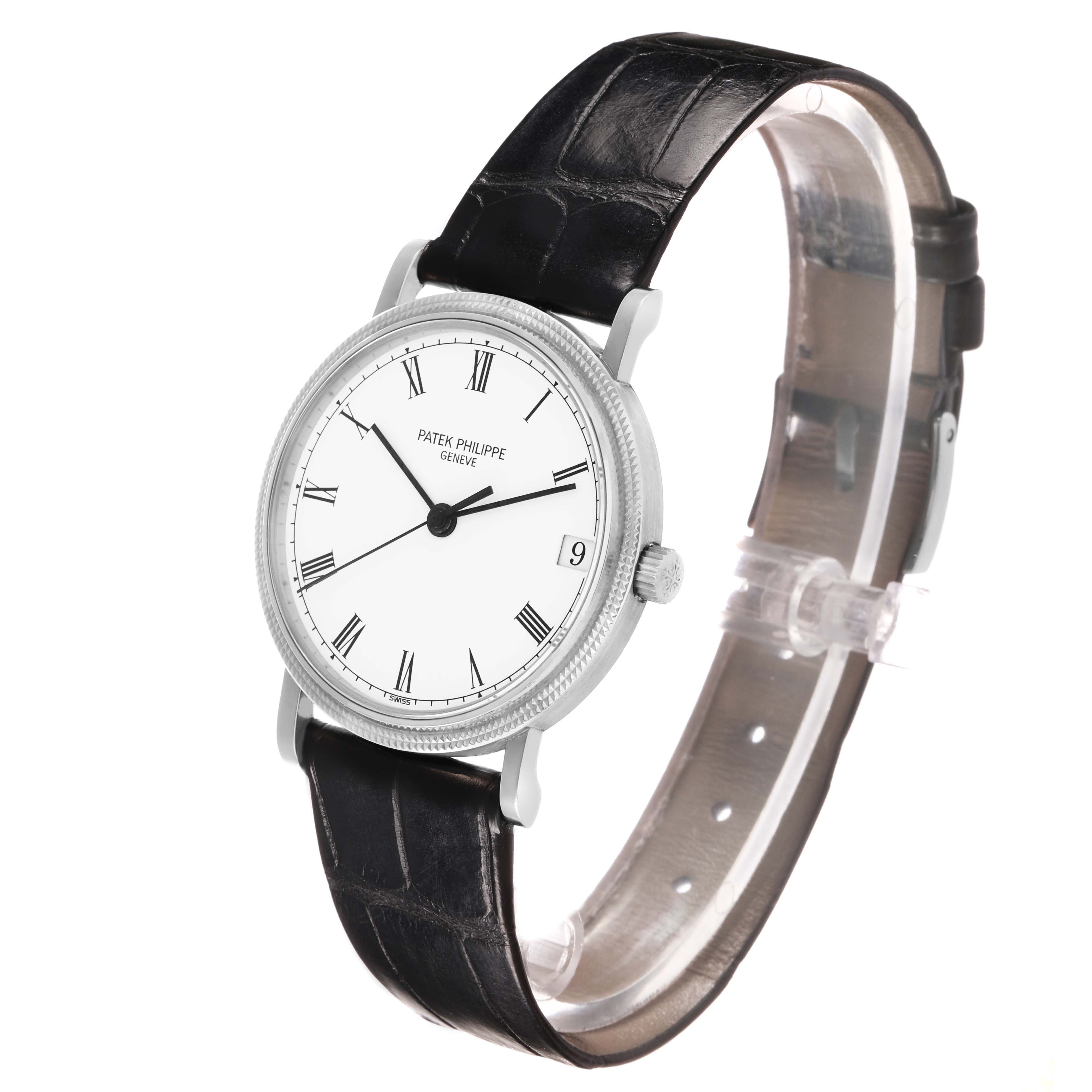 The Patek Philippe Calatrava 3802/200G-001 Men's White Gold White Dial watch is shown at a slight angle highlighting the dial, case, strap, and side profile.