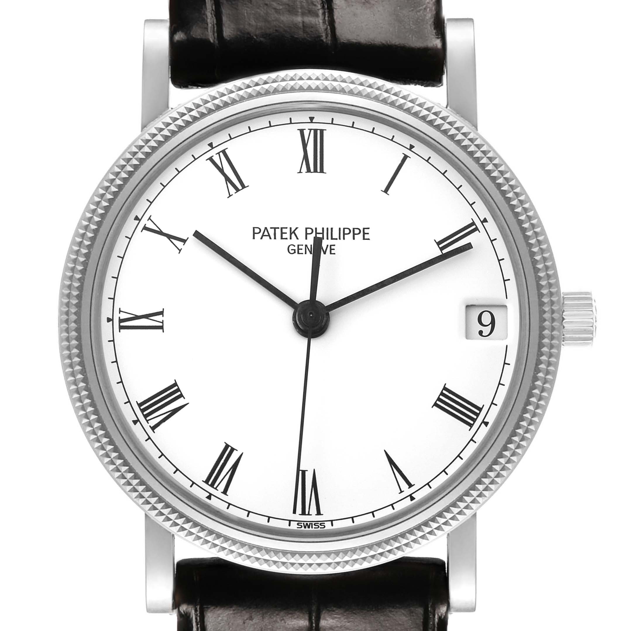 The image shows a front view of the Patek Philippe Calatrava 3802/200G-001 Men's White Gold White Dial watch, highlighting its dial, Roman numerals, and crown.