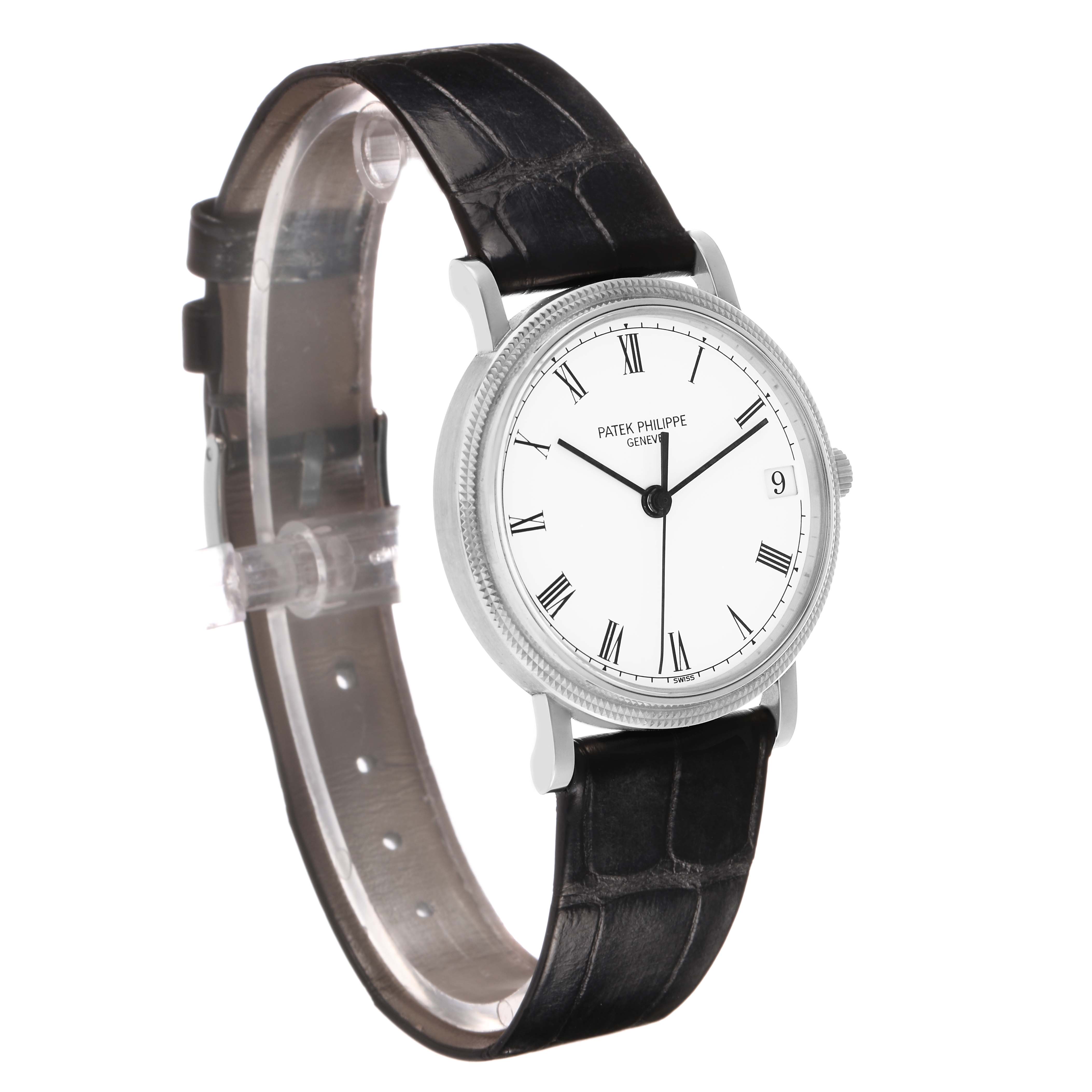 The Patek Philippe Calatrava 3802/200G-001 Men's White Gold White Dial watch is shown at a three-quarter angle, highlighting the face, bezel, crown, and leather strap.