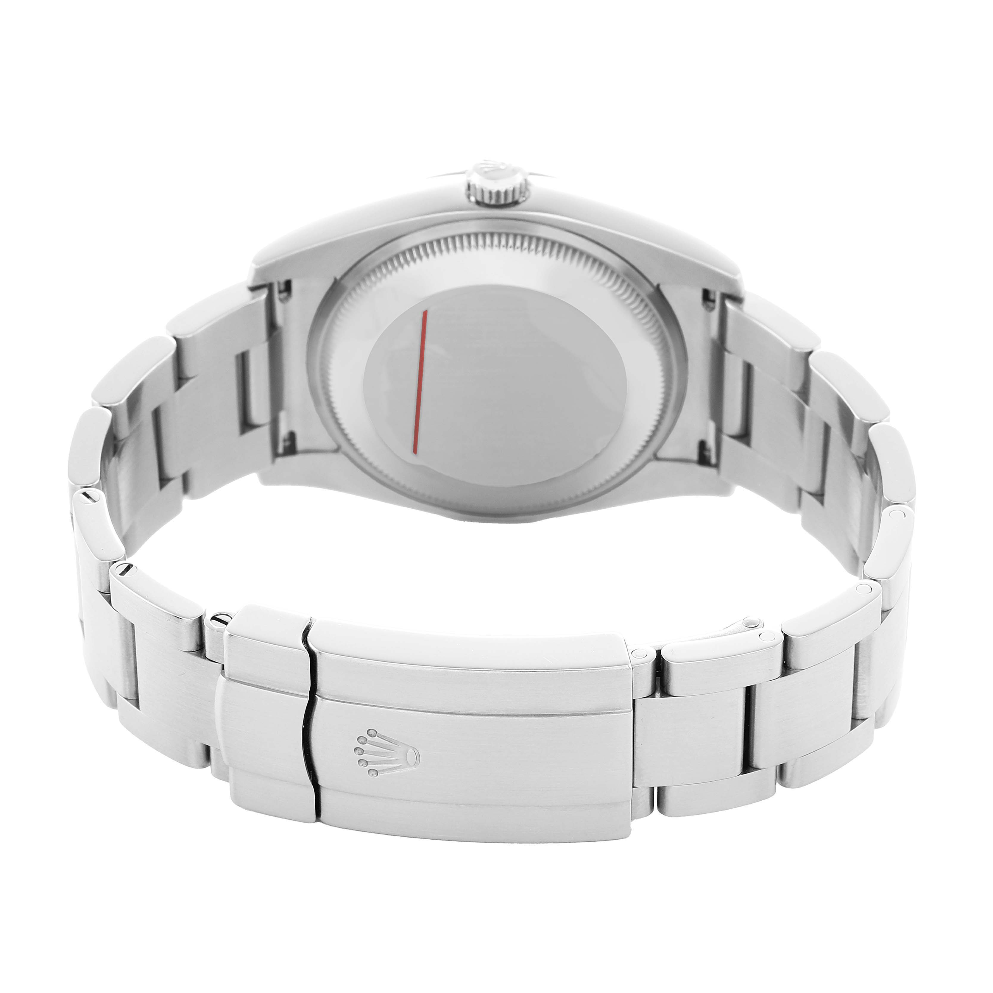 The Rolex Air-King 114200 Men's Stainless Steel Pink Dial watch is shown from the back, featuring the case back and part of the bracelet with the clasp visible.