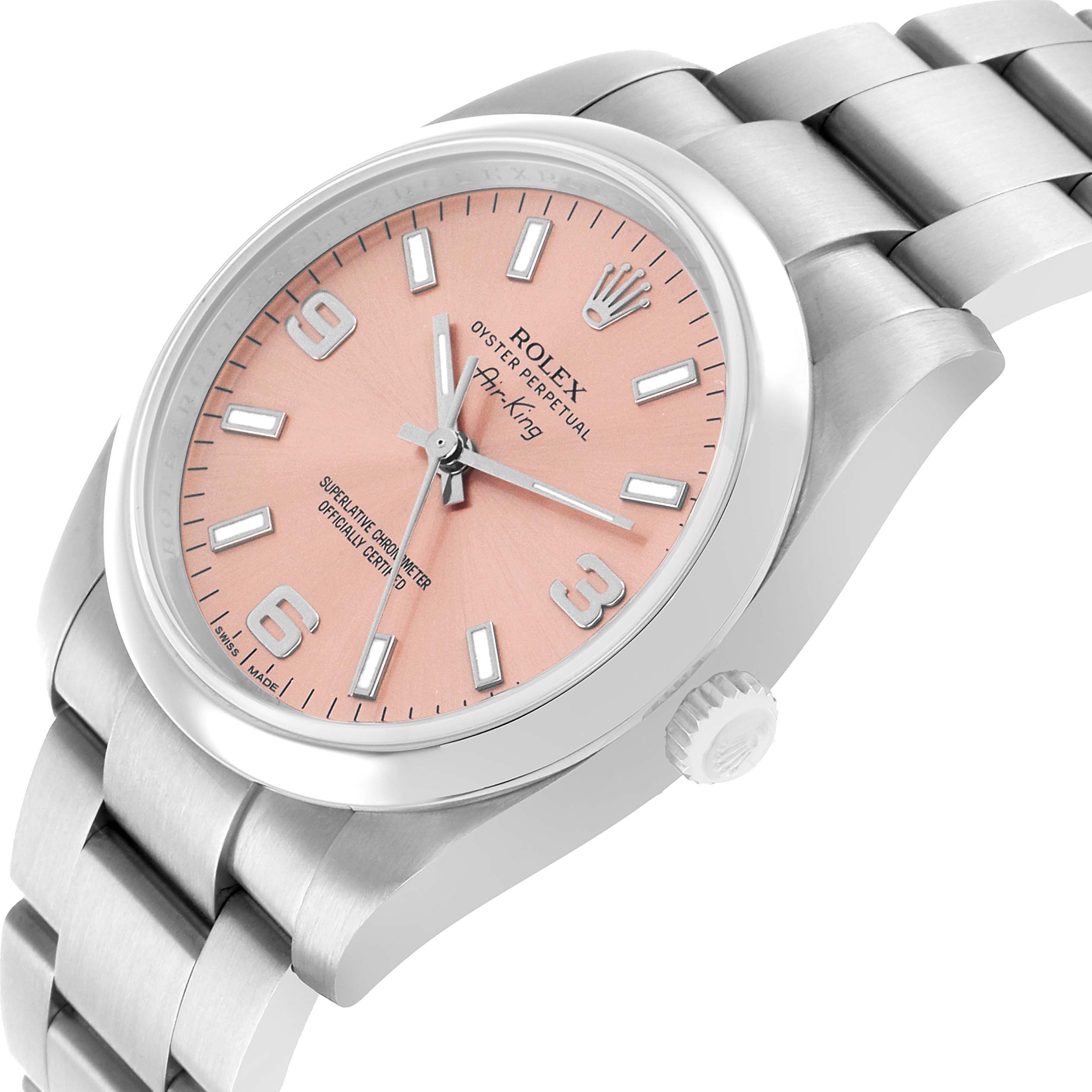 The Rolex Air-King 114200 Men's Stainless Steel Pink Dial watch is shown at an angled view highlighting its face, crown, and part of the bracelet.