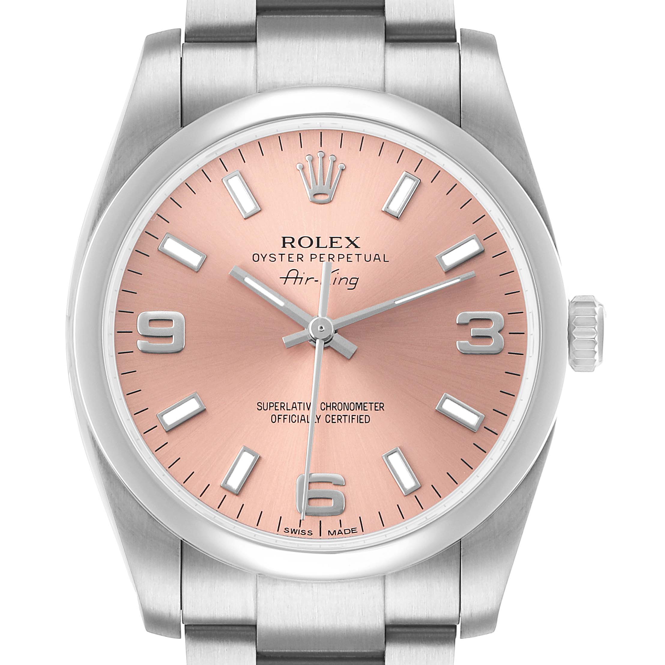 The Rolex Air-King 114200 Men's Stainless Steel Pink Dial watch is shown from a front angle, highlighting the pink dial and silver casing.