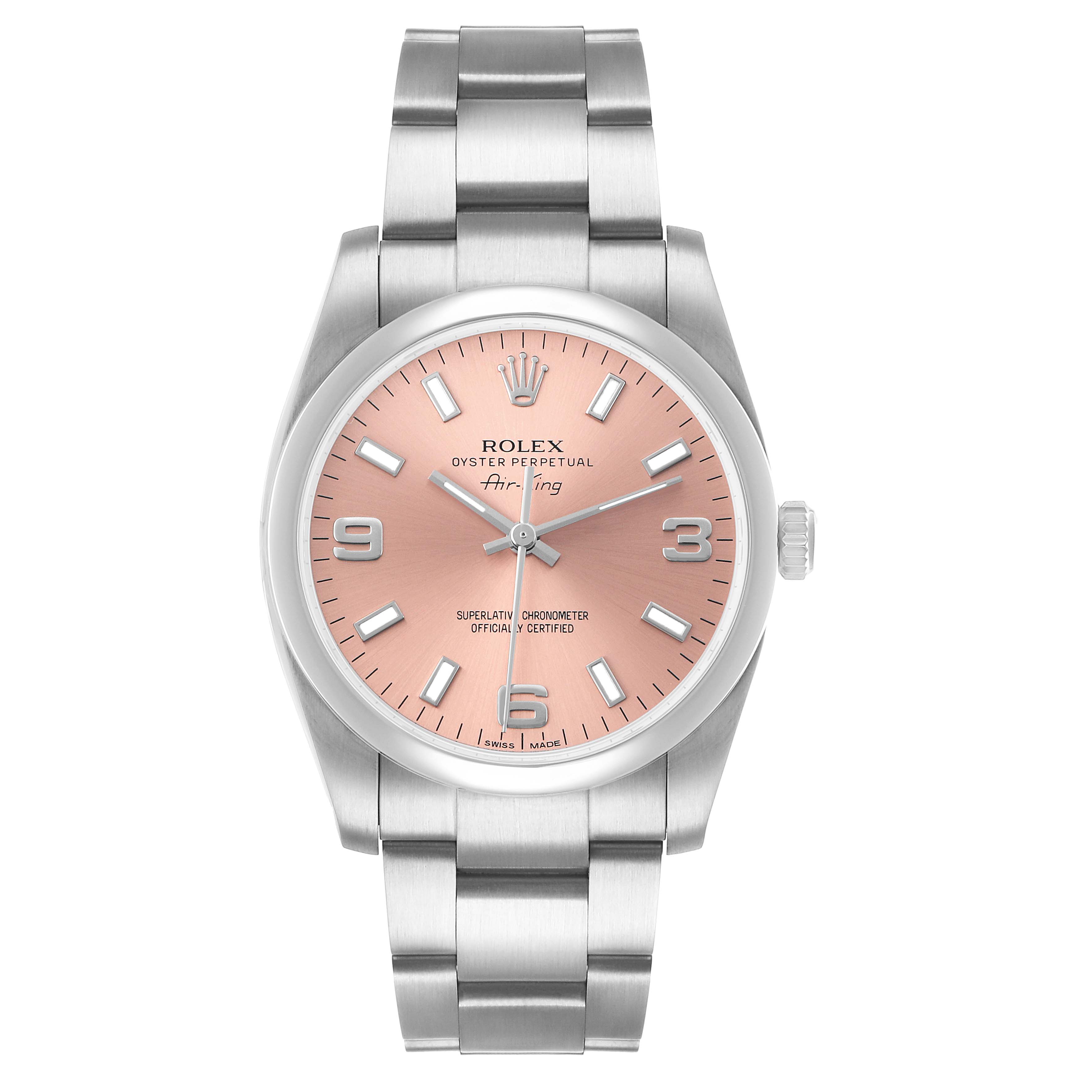 The Rolex Air-King 114200 Men's Stainless Steel Pink Dial watch is shown from the front, displaying the dial, case, and bracelet.