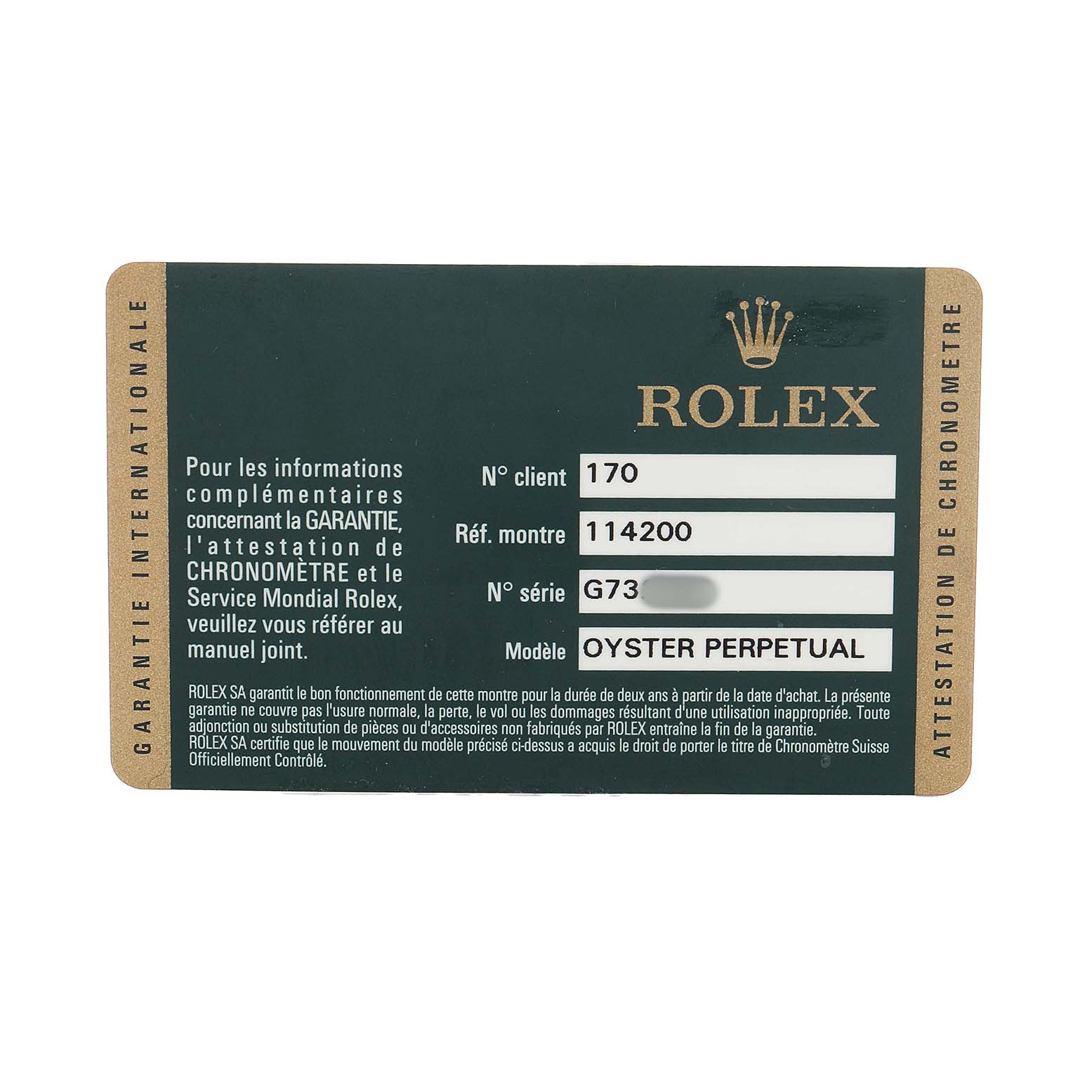 The image shows a Rolex warranty card for the Air-King model, detailing reference and serial numbers.