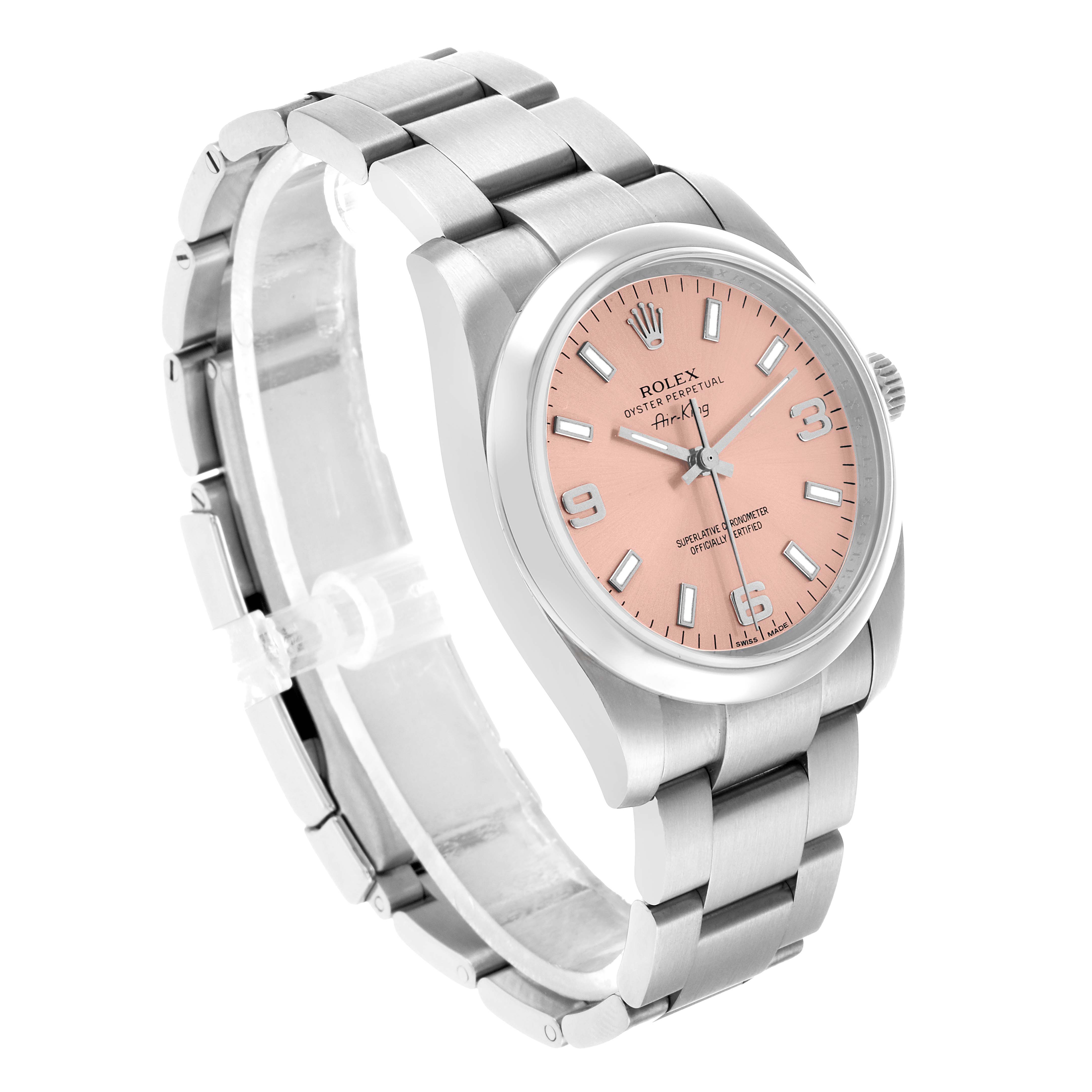 The Rolex Air-King 114200 Men's Stainless Steel Pink Dial watch is shown at an oblique angle, highlighting the bracelet, bezel, and pink dial.
