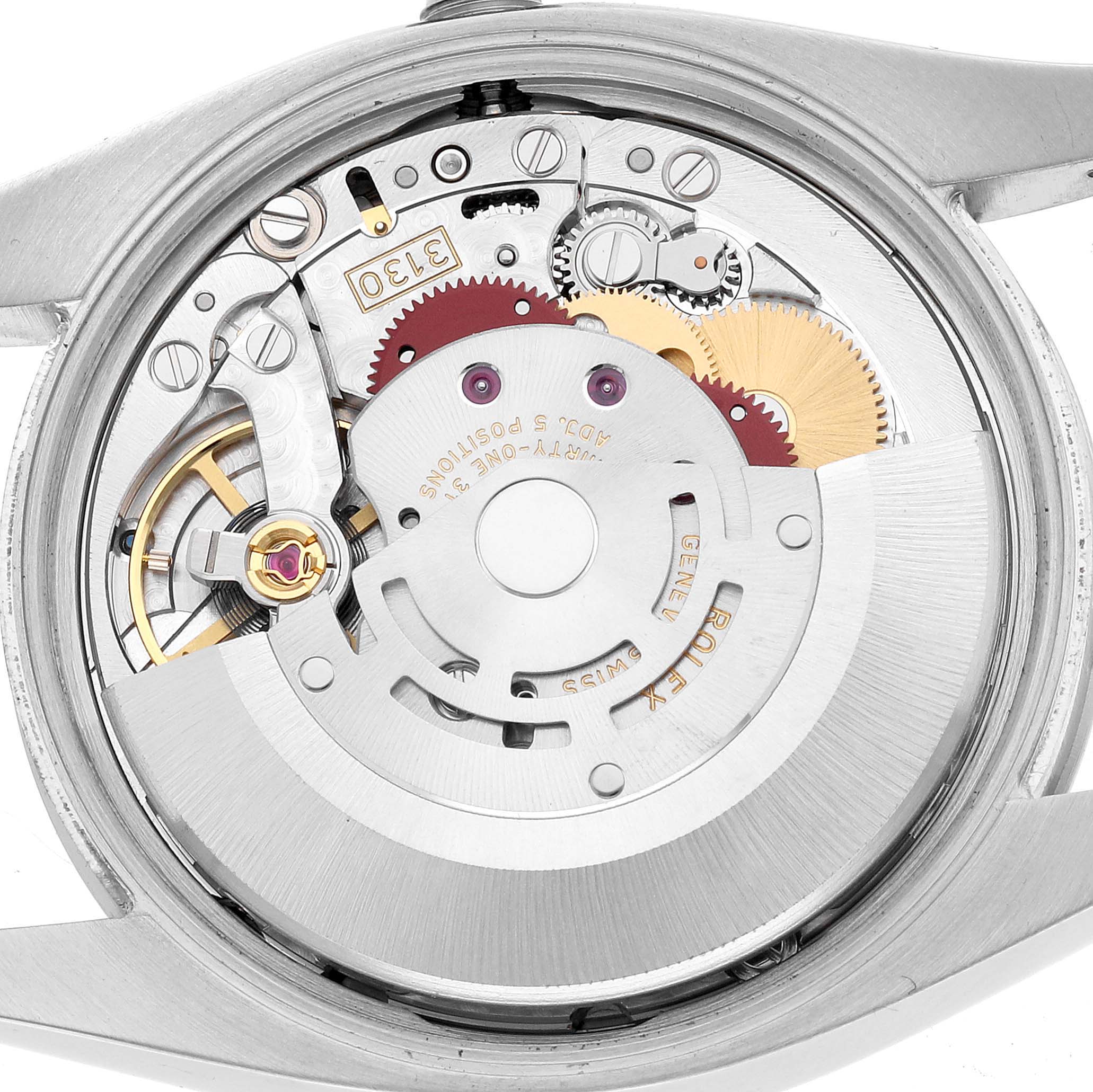 The image shows the internal automatic movement of the Rolex Air-King 114200 Men's Stainless Steel Pink Dial watch from a back angle.