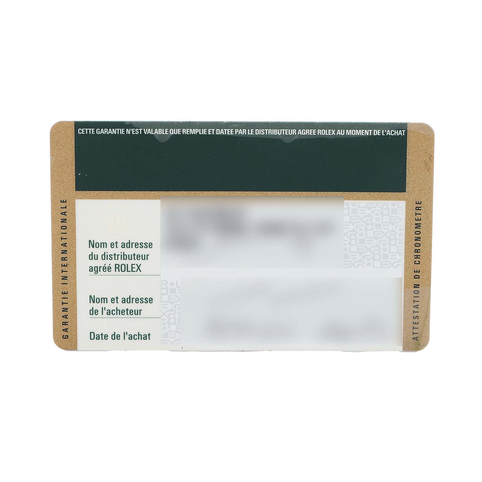 The image shows a warranty card for the Rolex Air-King 114200 Men's Stainless Steel Pink Dial watch, displaying sections for distributor and buyer information.