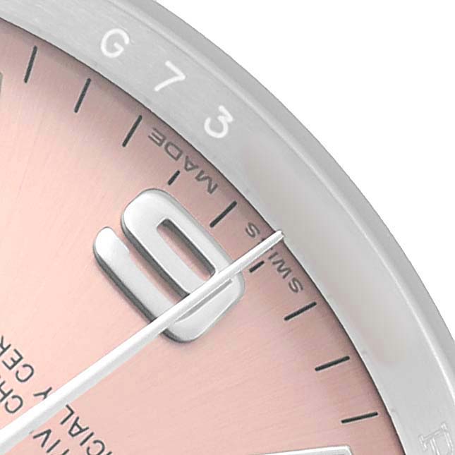 The image shows a close-up of the Rolex Air-King 114200 Men's Stainless Steel Pink Dial watch, highlighting the dial and part of the bezel, focusing on the 10 o'clock marker.