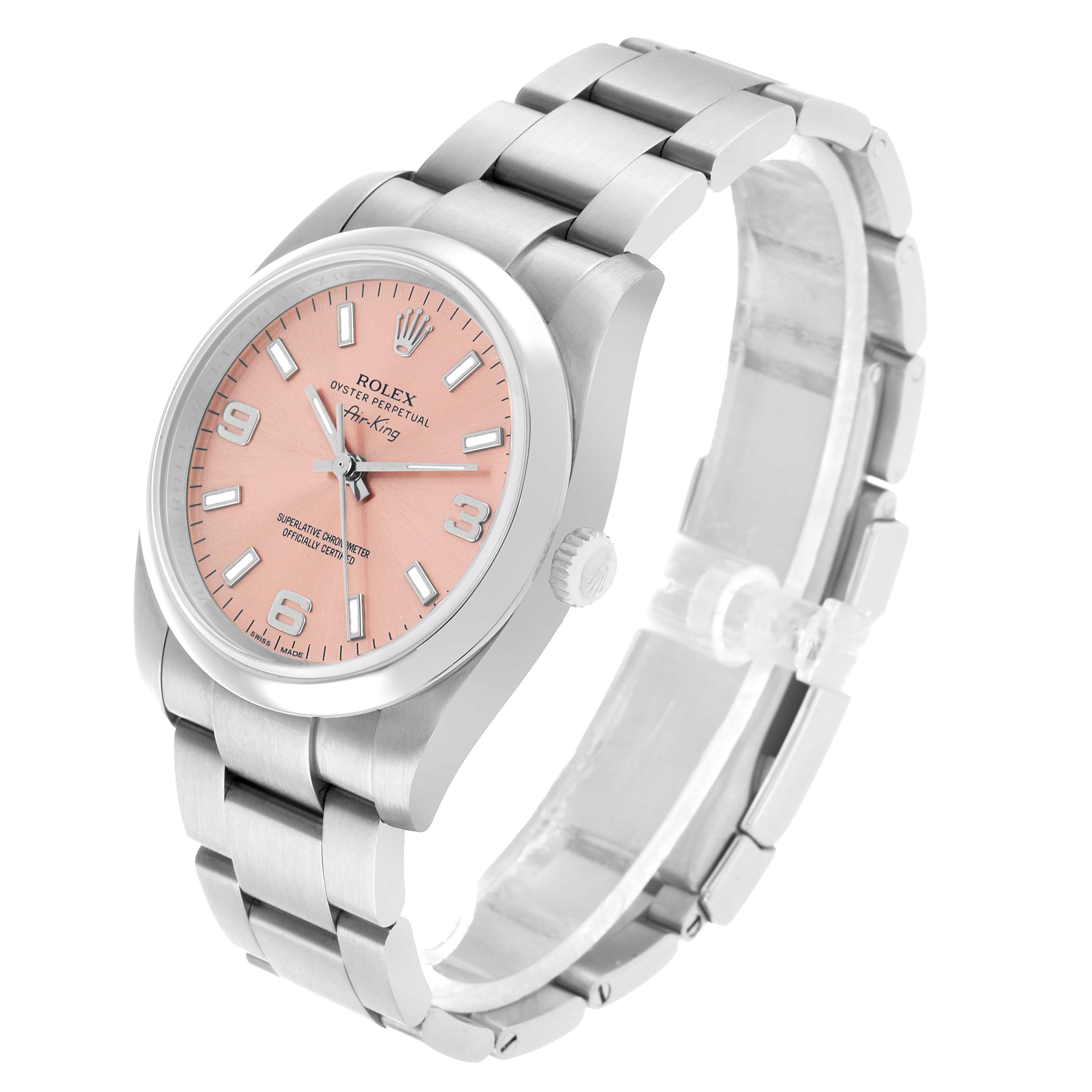 The Rolex Air-King 114200 Men's Stainless Steel Pink Dial watch is shown at an angled side view, displaying the bracelet, case, dial, and crown.