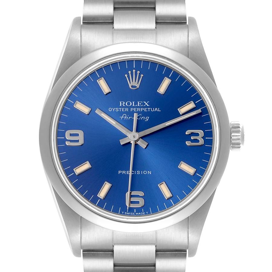 The Rolex Air-King watch is shown from the front, displaying its blue dial, hour markers, hands, case, and part of the bracelet.