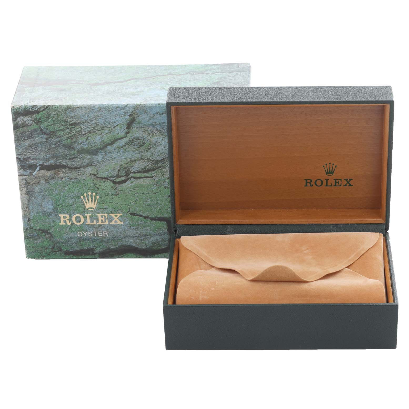 This image shows an open Rolex box with a leather pouch, branded "Rolex," for the Air-King model.
