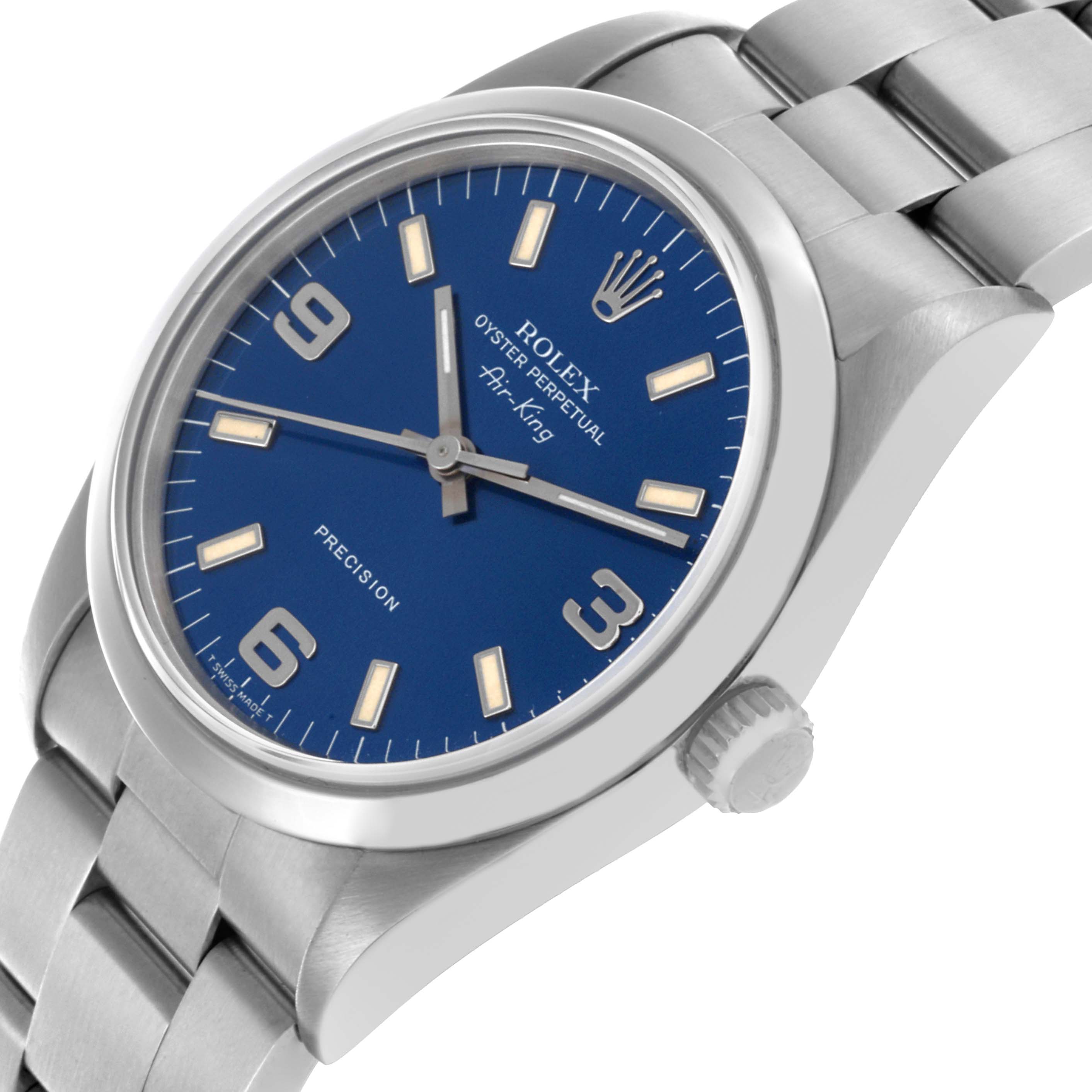 The Rolex Air-King 14000 Men's Stainless Steel Blue Dial 14000 Men's Stainless Steel Blue Dial watch is shown from a slight side angle, highlighting the face, crown, and part of the bracelet.