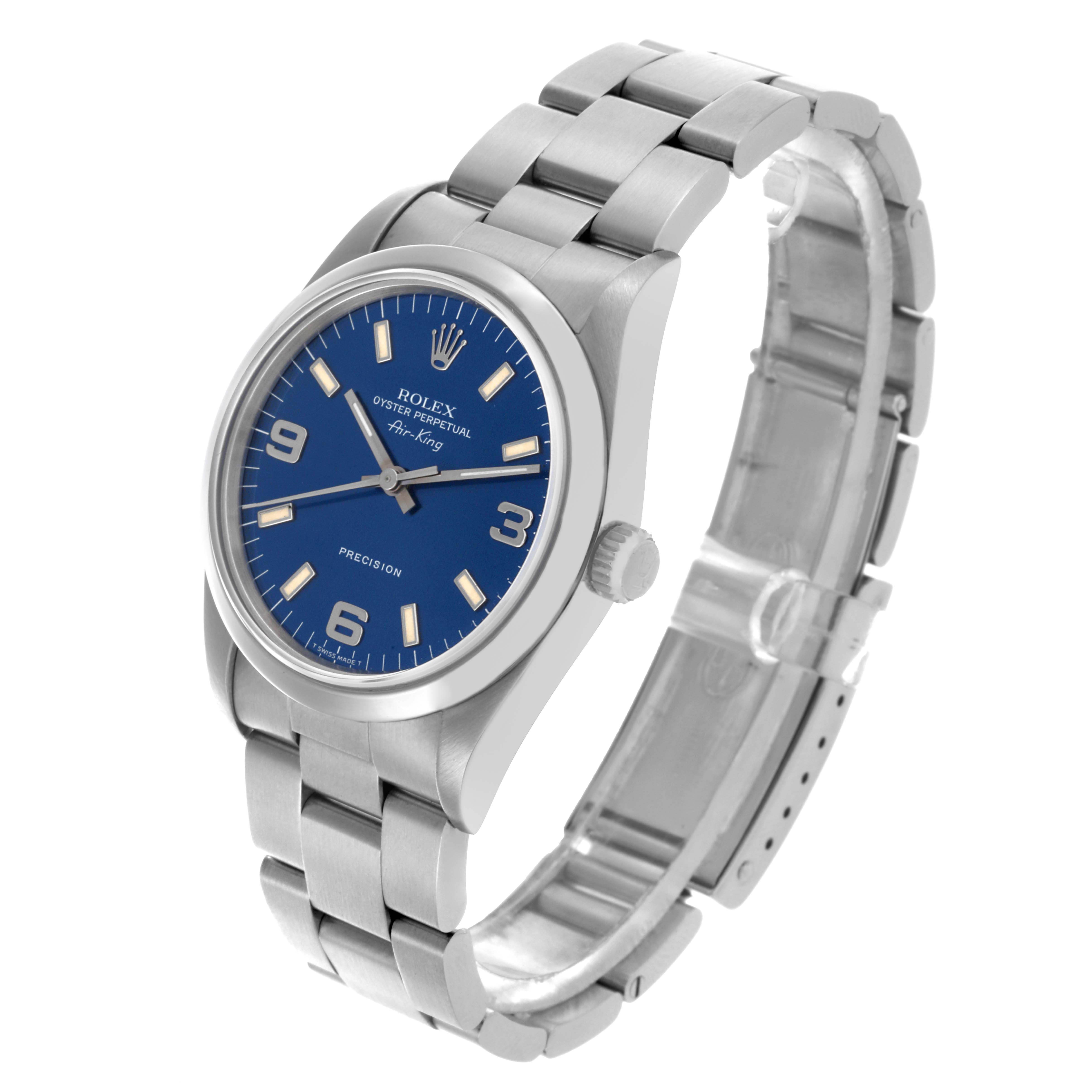 The Rolex Air-King 14000 Men's Stainless Steel Blue Dial 14000 Men's Stainless Steel Blue Dial watch is shown at an angled, side view displaying its blue dial, crown, and bracelet.