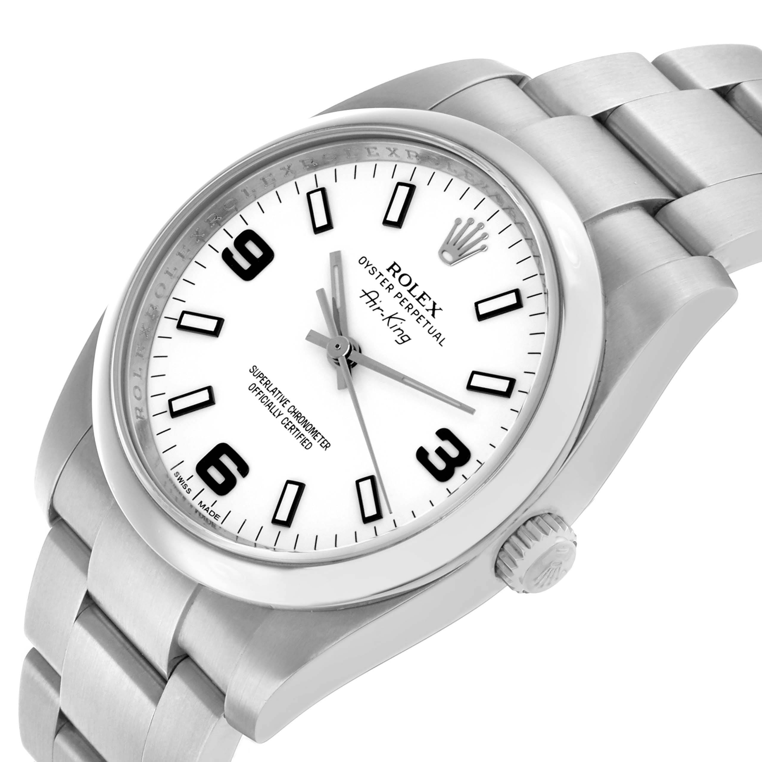 The Rolex Air-King 114200 Men's Stainless Steel White Dial watch is shown at an angled side view, displaying the face, casing, crown, and part of the bracelet.