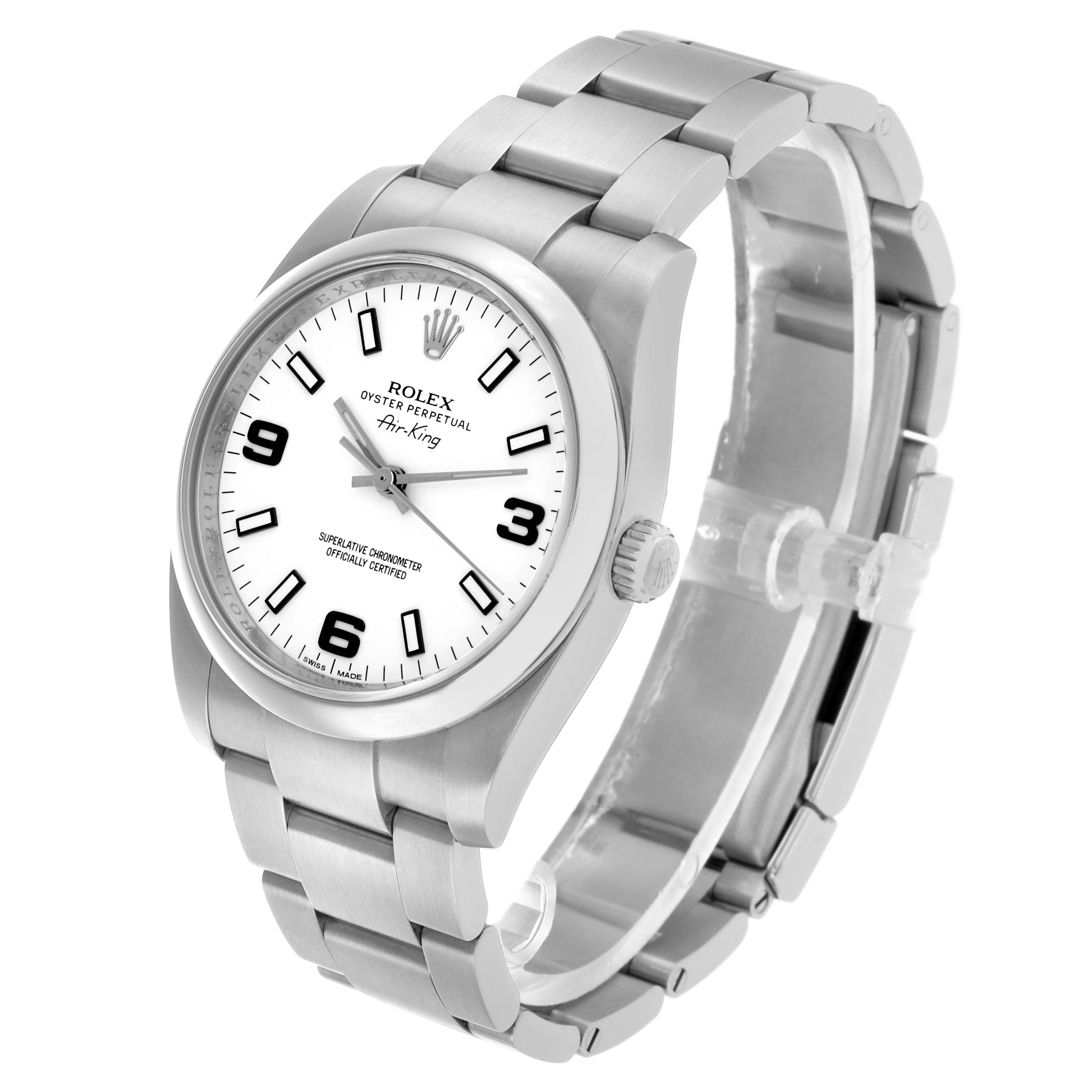 The Rolex Air-King 114200 Men's Stainless Steel White Dial watch is shown at an angle highlighting the dial, bracelet, and crown.