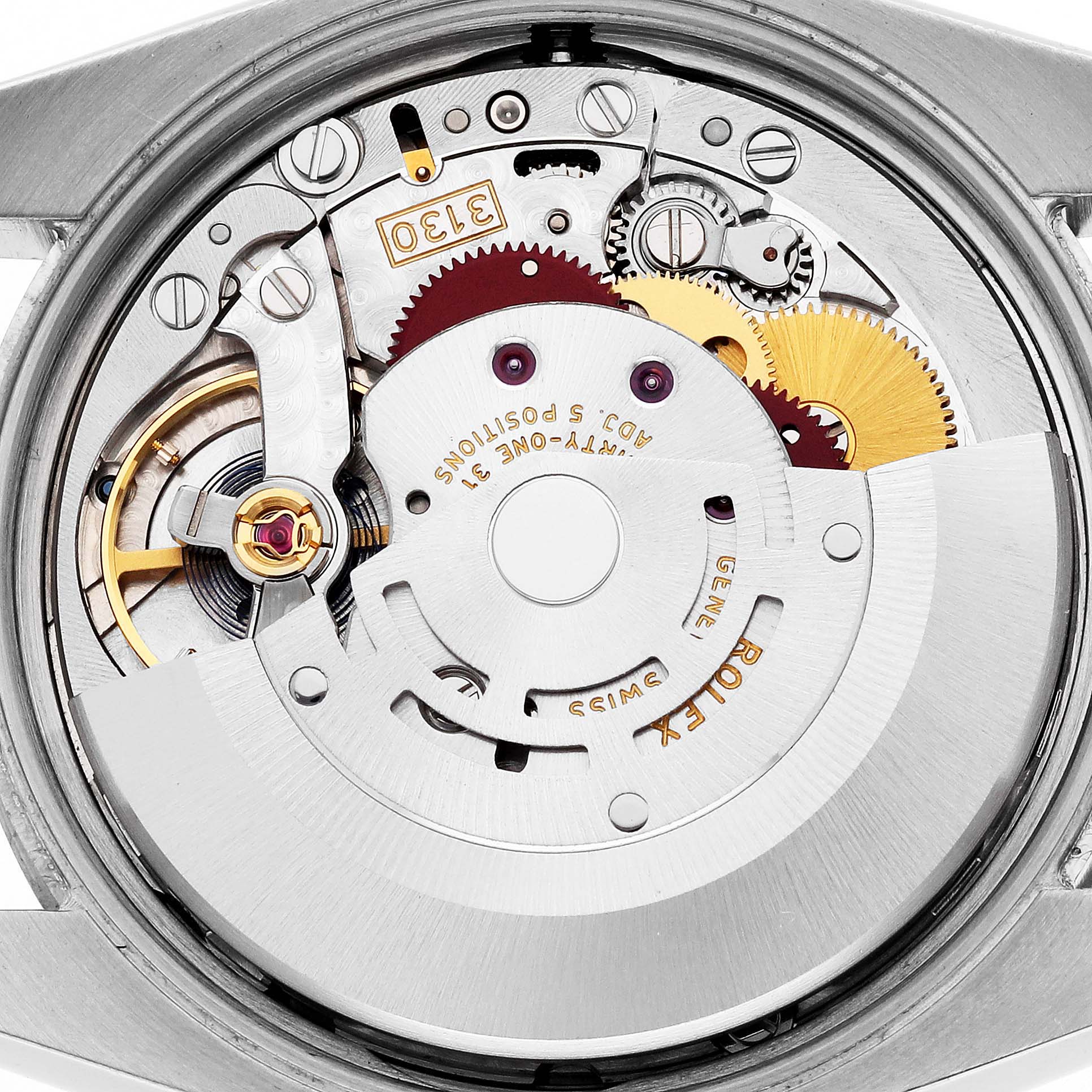 The image shows the movement mechanism of a Rolex Air-King 114200 Men's Stainless Steel White Dial watch from a back angle, displaying gears and the rotor.