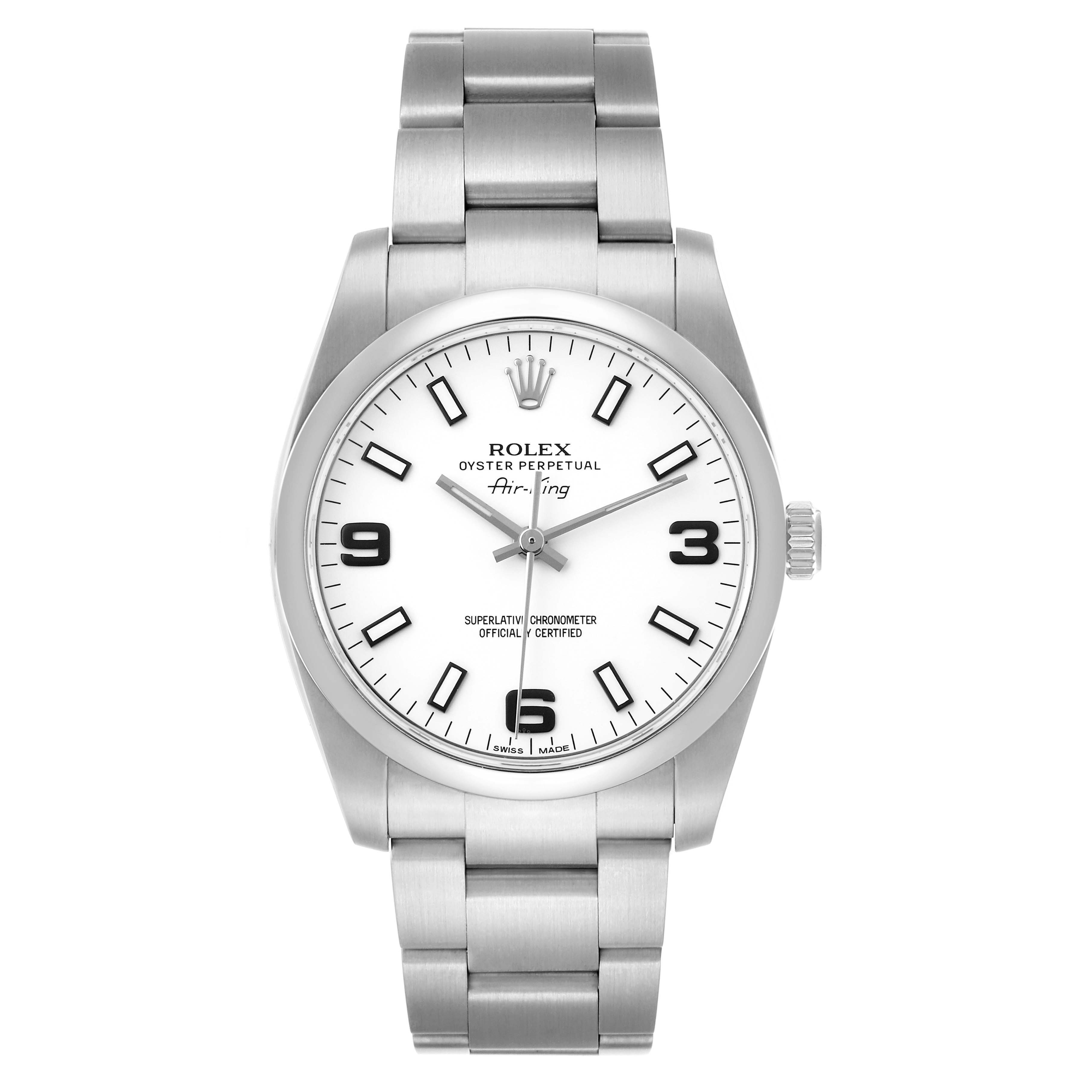 The Rolex Air-King 114200 Men's Stainless Steel White Dial watch is shown from a front angle, displaying its dial, hands, case, and bracelet.