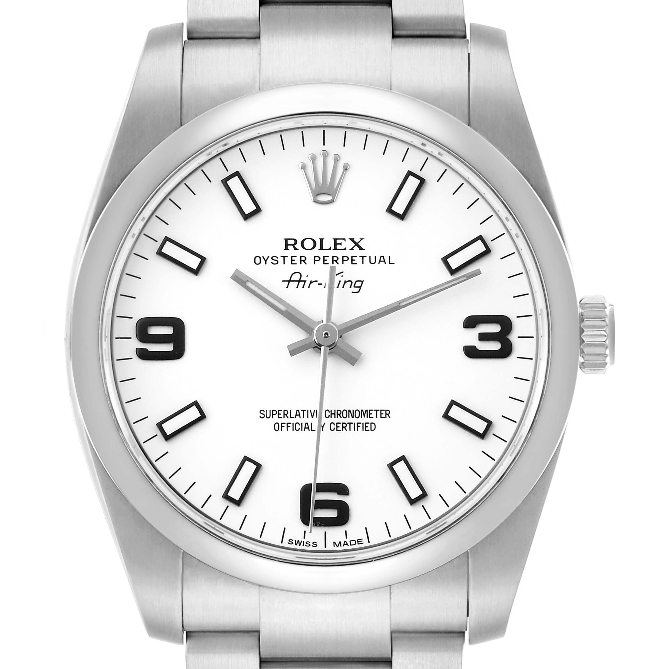 The Rolex Air-King 114200 Men's Stainless Steel White Dial watch is shown from a front angle, displaying the dial, hands, crown, and part of the bracelet.