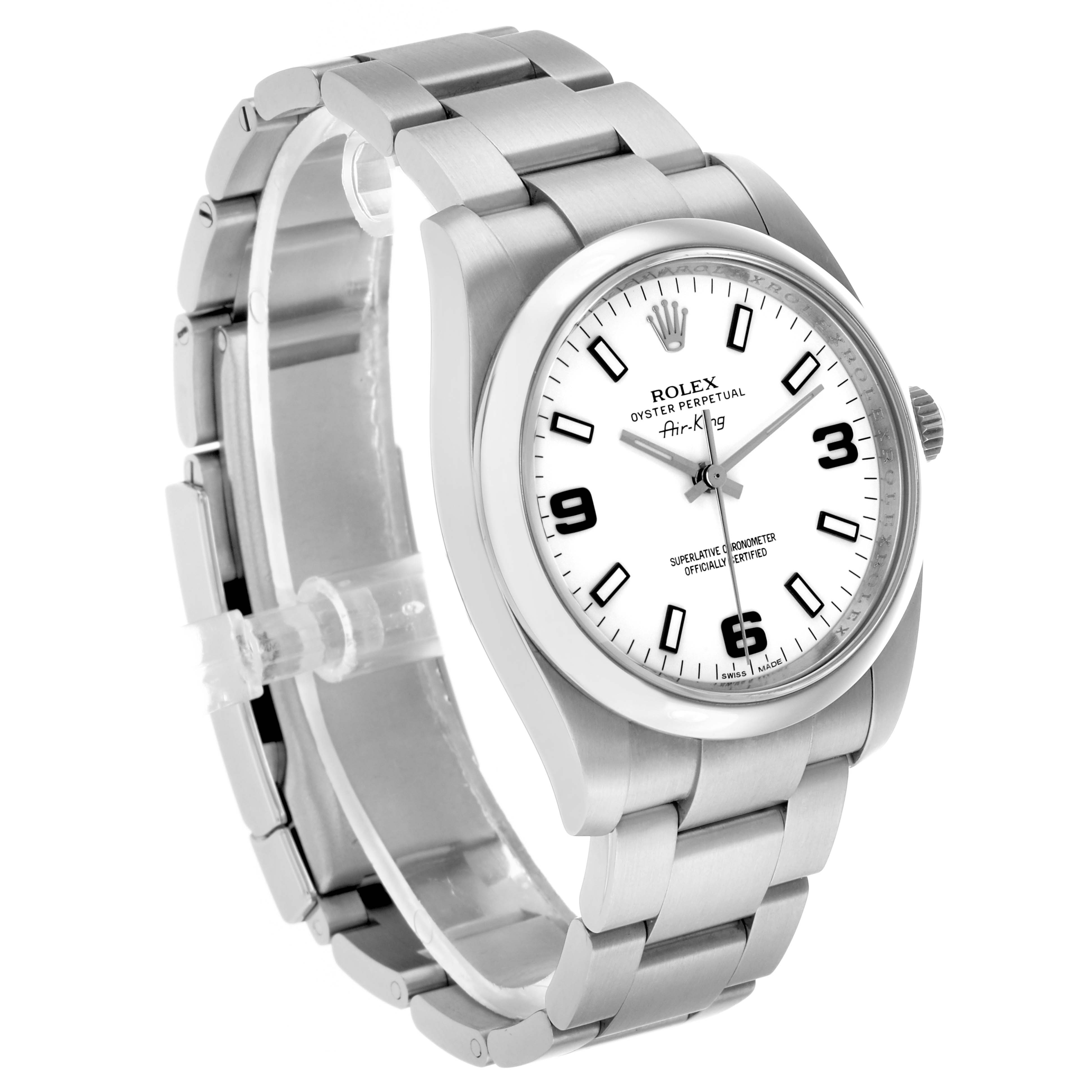 The Rolex Air-King 114200 Men's Stainless Steel White Dial is shown at a slight angle, highlighting the face, bezel, crown, and part of the bracelet.