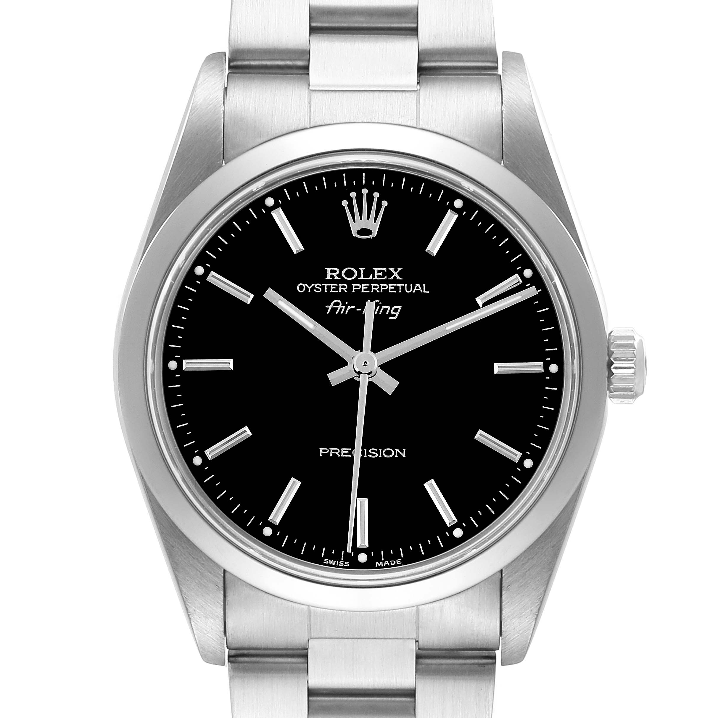 The Rolex Air-King 14000 Men's Stainless Steel Black Dial 14000 Men's Stainless Steel Black Dial watch is shown from a front angle, displaying the dial, bezel, and part of the bracelet.