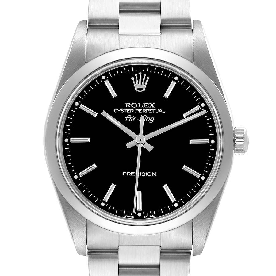 The Rolex Air-King watch is shown from a front angle, displaying the dial, bezel, and part of the bracelet.