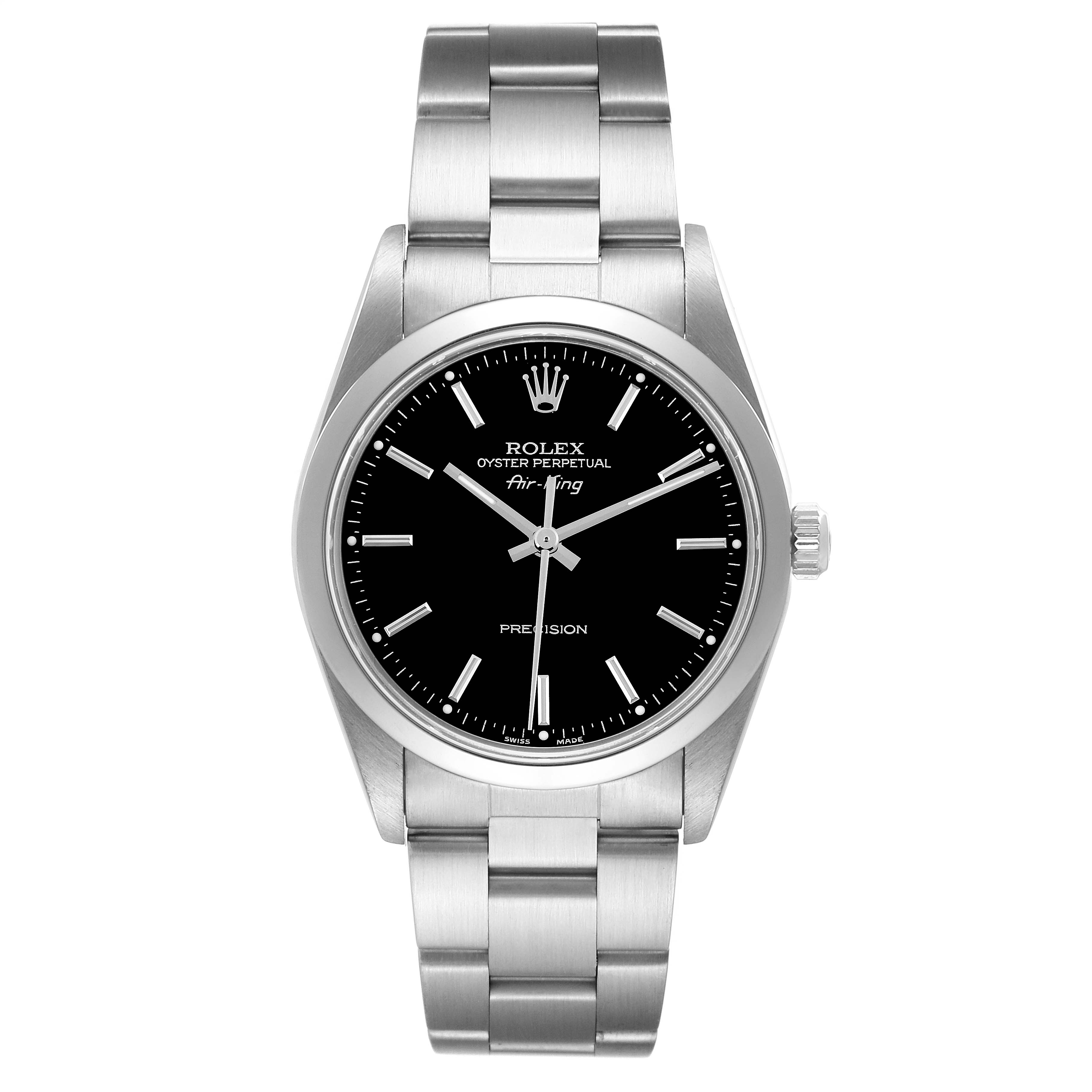 The Rolex Air-King 14000 Men's Stainless Steel Black Dial 14000 Men's Stainless Steel Black Dial watch is shown from the front, displaying its dial, bezel, and bracelet.
