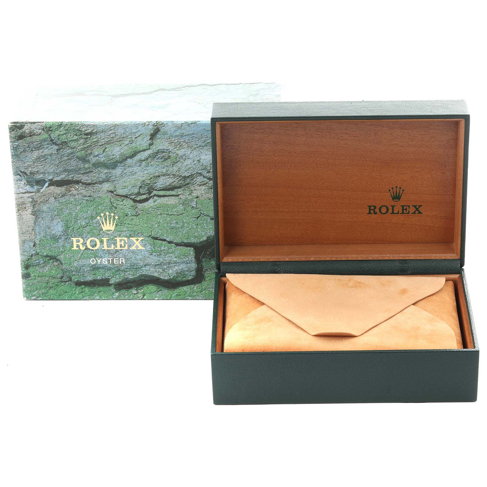 The image shows a Rolex Air-King 14000 Men's Stainless Steel Black Dial 14000 Men's Stainless Steel Black Dial watch box set including an outer green box, an inner wooden box, and a suede pouch.