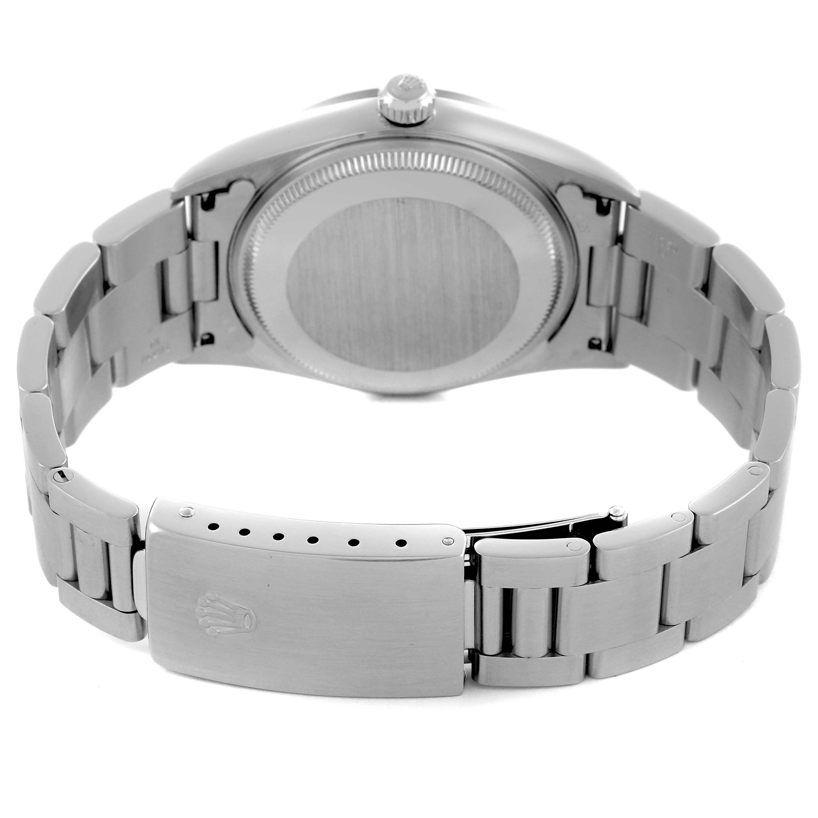 The Rolex Air-King 14000 Men's Stainless Steel Black Dial 14000 Men's Stainless Steel Black Dial watch is shown from the back, displaying the case back and a partially open bracelet clasp.