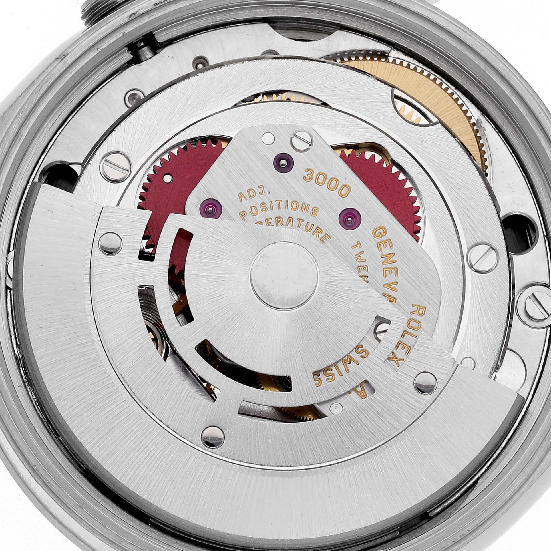 The image shows an internal view of the Rolex Air-King 14000 Men's Stainless Steel Black Dial 14000 Men's Stainless Steel Black Dial, highlighting the movement and rotor mechanism.