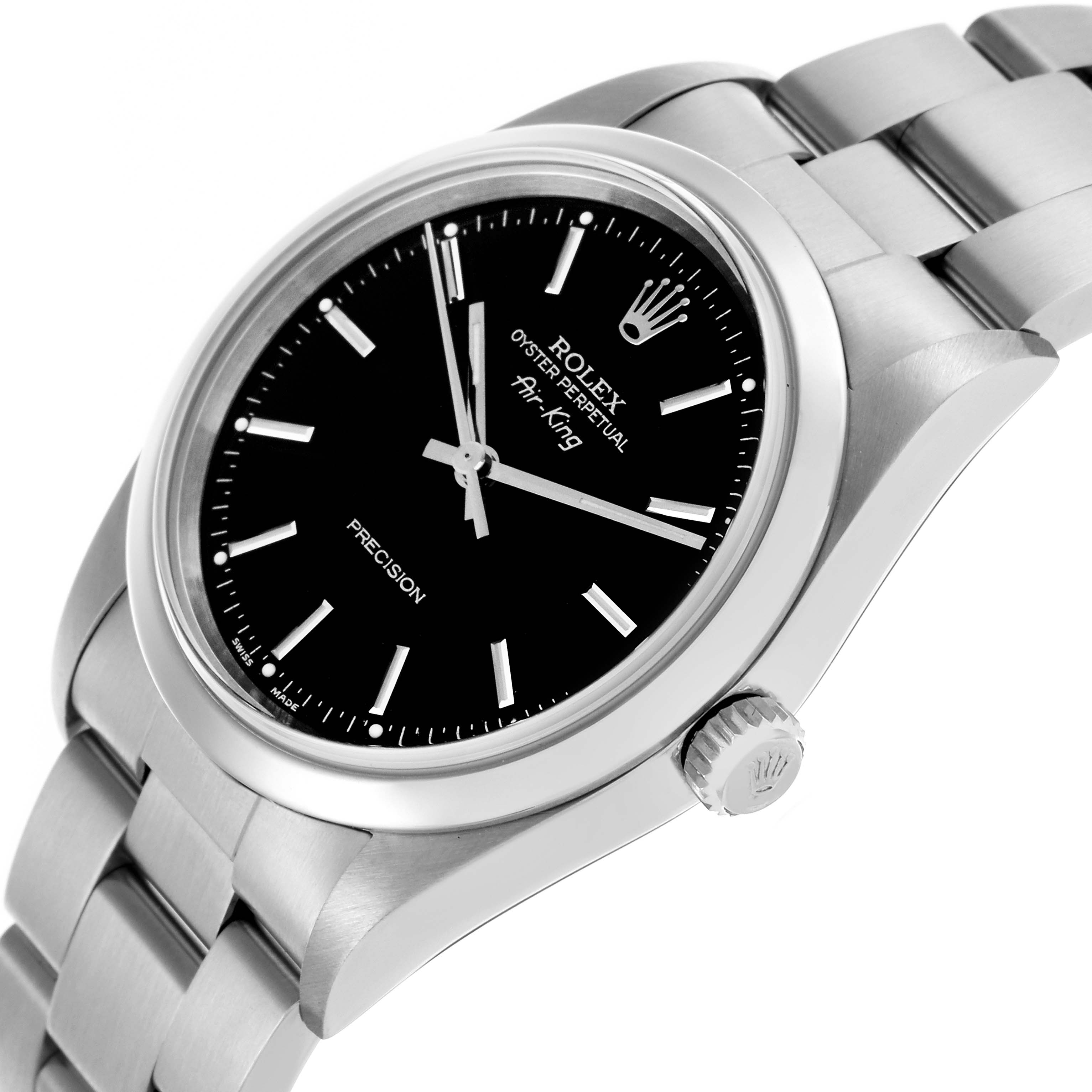 This image shows a side angle of the Rolex Air-King 14000 Men's Stainless Steel Black Dial 14000 Men's Stainless Steel Black Dial watch, highlighting the face, bezel, crown, and bracelet.