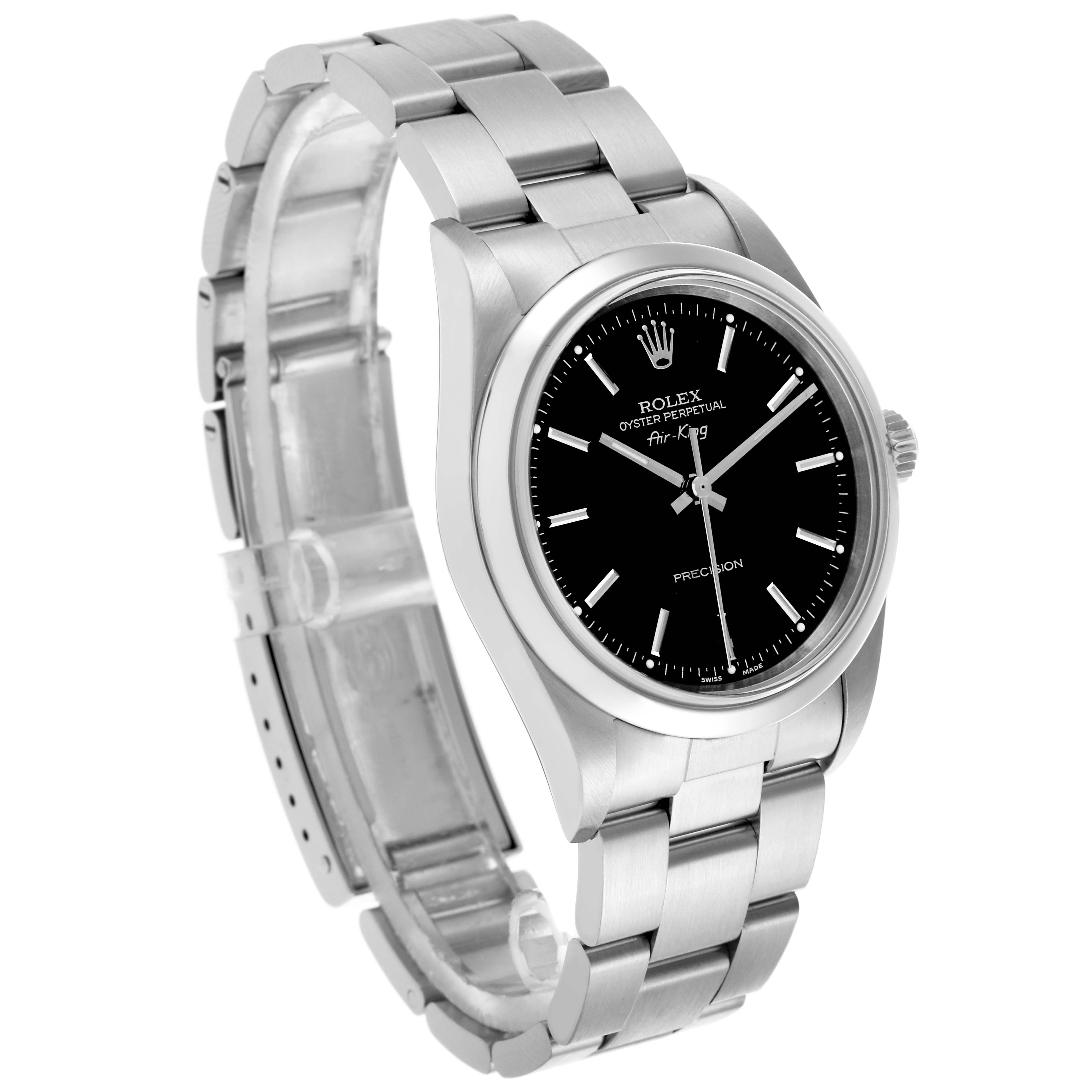 The Rolex Air-King 14000 Men's Stainless Steel Black Dial 14000 Men's Stainless Steel Black Dial watch is shown at a three-quarter angle, displaying its face and stainless steel bracelet.