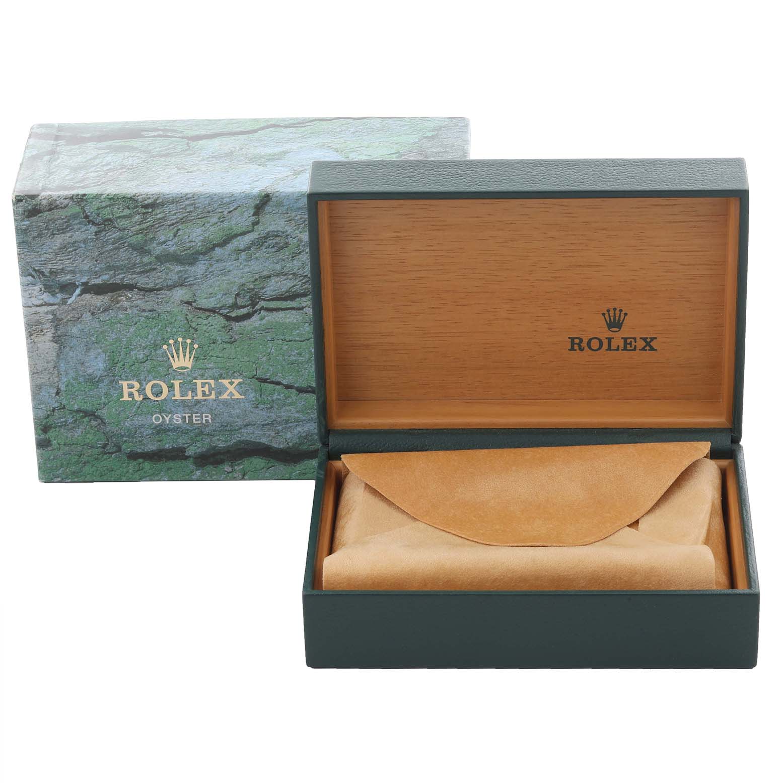 The image shows a Rolex Air-King 14010 Men's Stainless Steel Blue Dial 14010 Men's Stainless Steel Blue Dial watch box and pouch from a front angle, with the outer packaging behind.