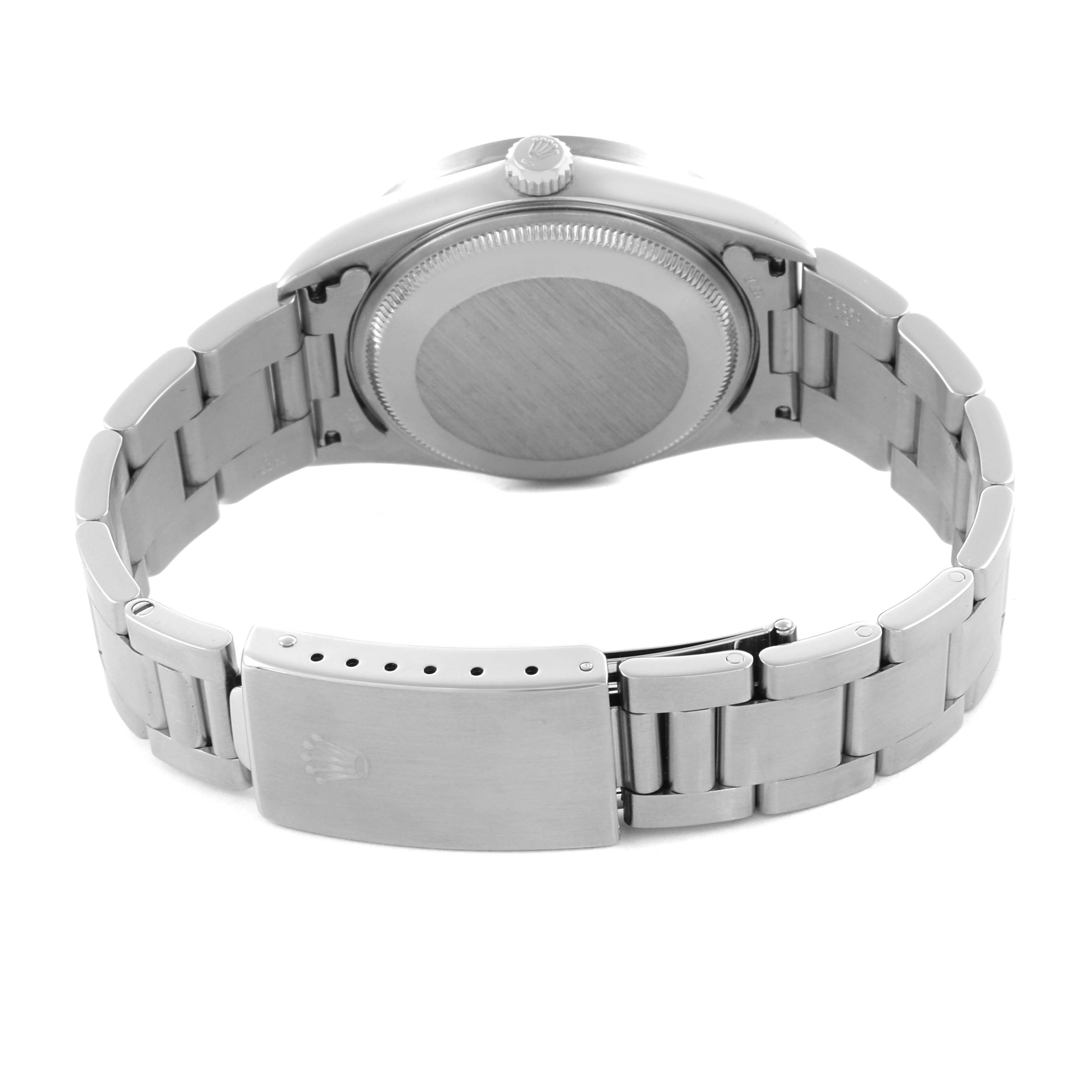 The image shows the back case and bracelet clasp of a Rolex Air-King 14010 Men's Stainless Steel Blue Dial 14010 Men's Stainless Steel Blue Dial watch from a rear angle.