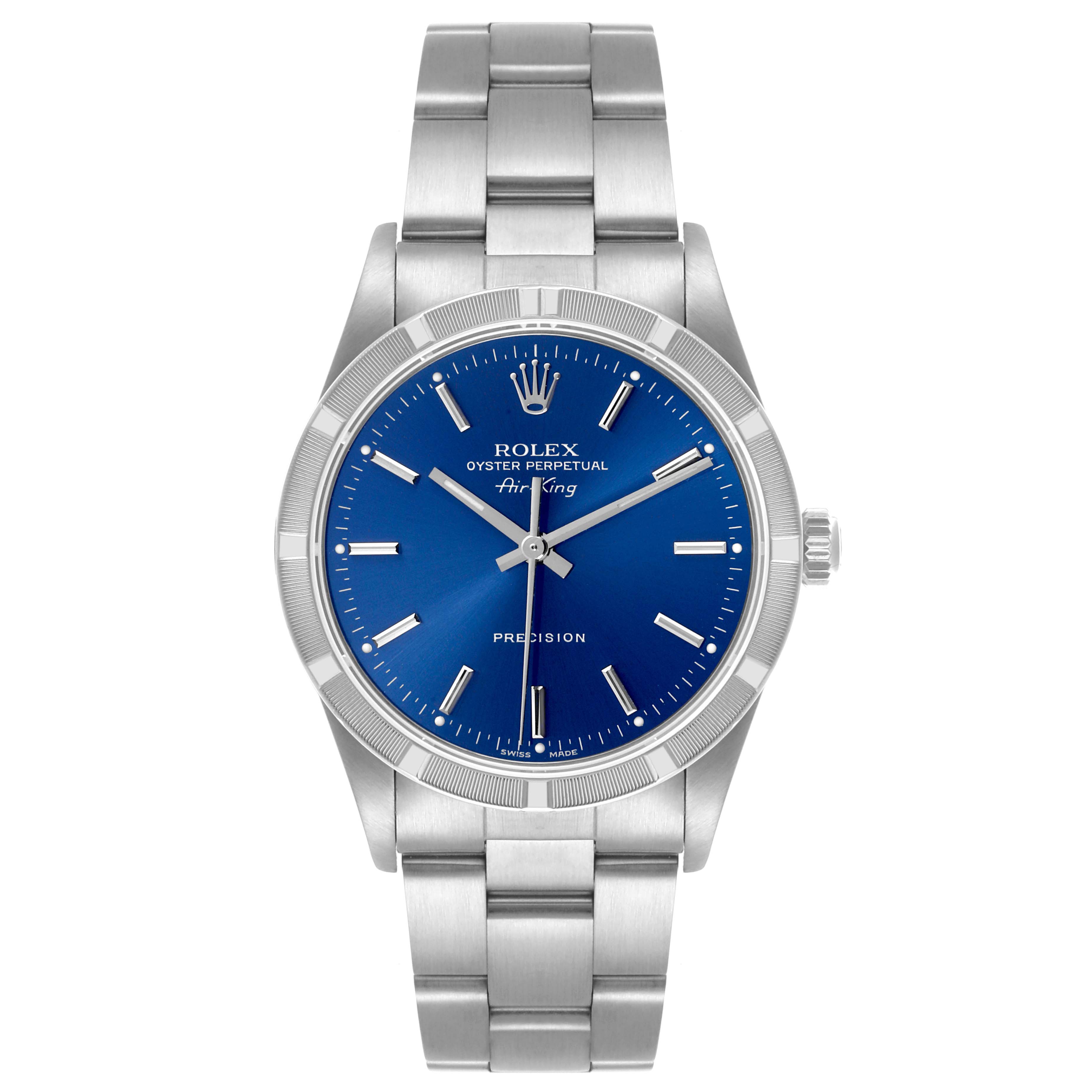 The Rolex Air-King 14010 Men's Stainless Steel Blue Dial 14010 Men's Stainless Steel Blue Dial watch is shown from a front angle, displaying its face, bezel, bracelet, and crown.