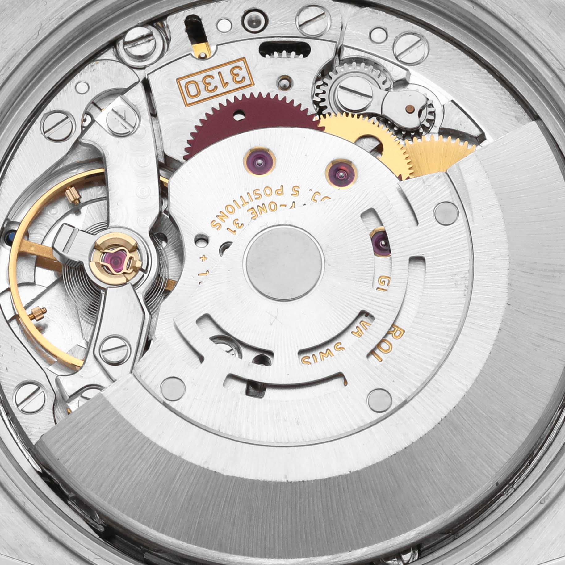 The image shows the intricate movement mechanism of a Rolex Air-King 14010 Men's Stainless Steel Blue Dial 14010 Men's Stainless Steel Blue Dial watch from a top-down angle.