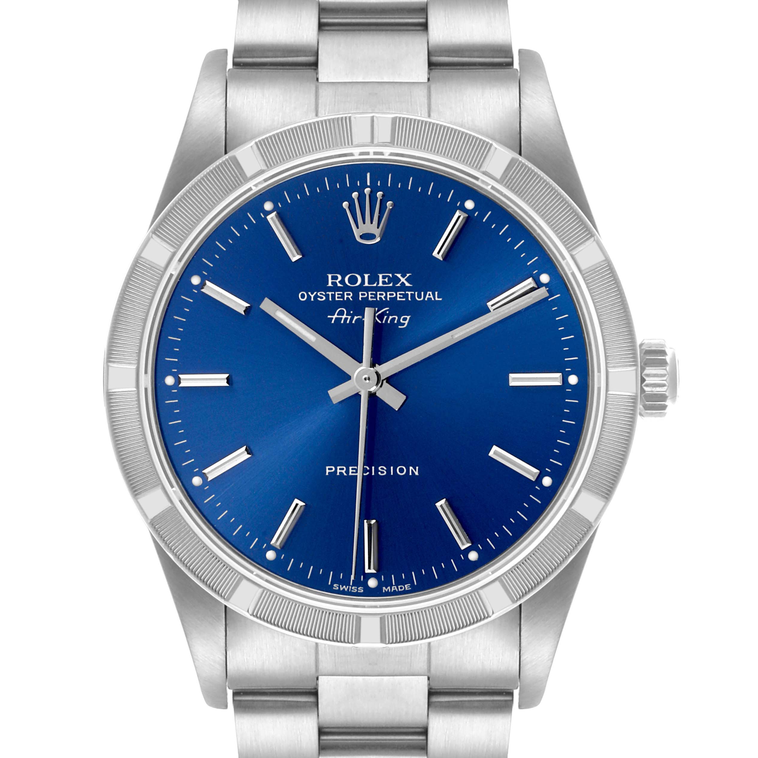 The Rolex Air-King 14010 Men's Stainless Steel Blue Dial 14010 Men's Stainless Steel Blue Dial watch is shown from the front, displaying the blue dial, markers, and bracelet.