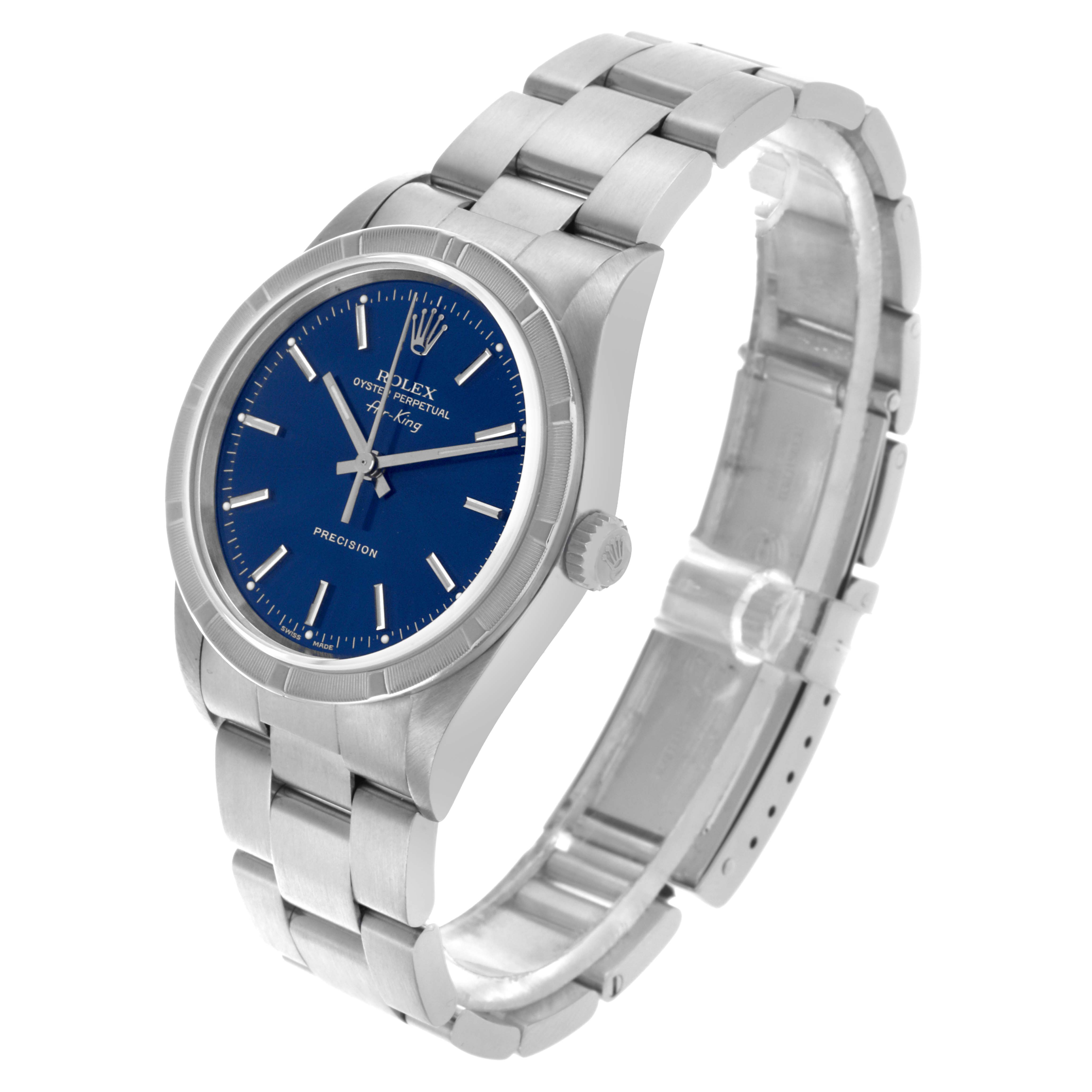 The Rolex Air-King 14010 Men's Stainless Steel Blue Dial 14010 Men's Stainless Steel Blue Dial watch is shown at a three-quarter angle, displaying the face, crown, bracelet, and clasp.