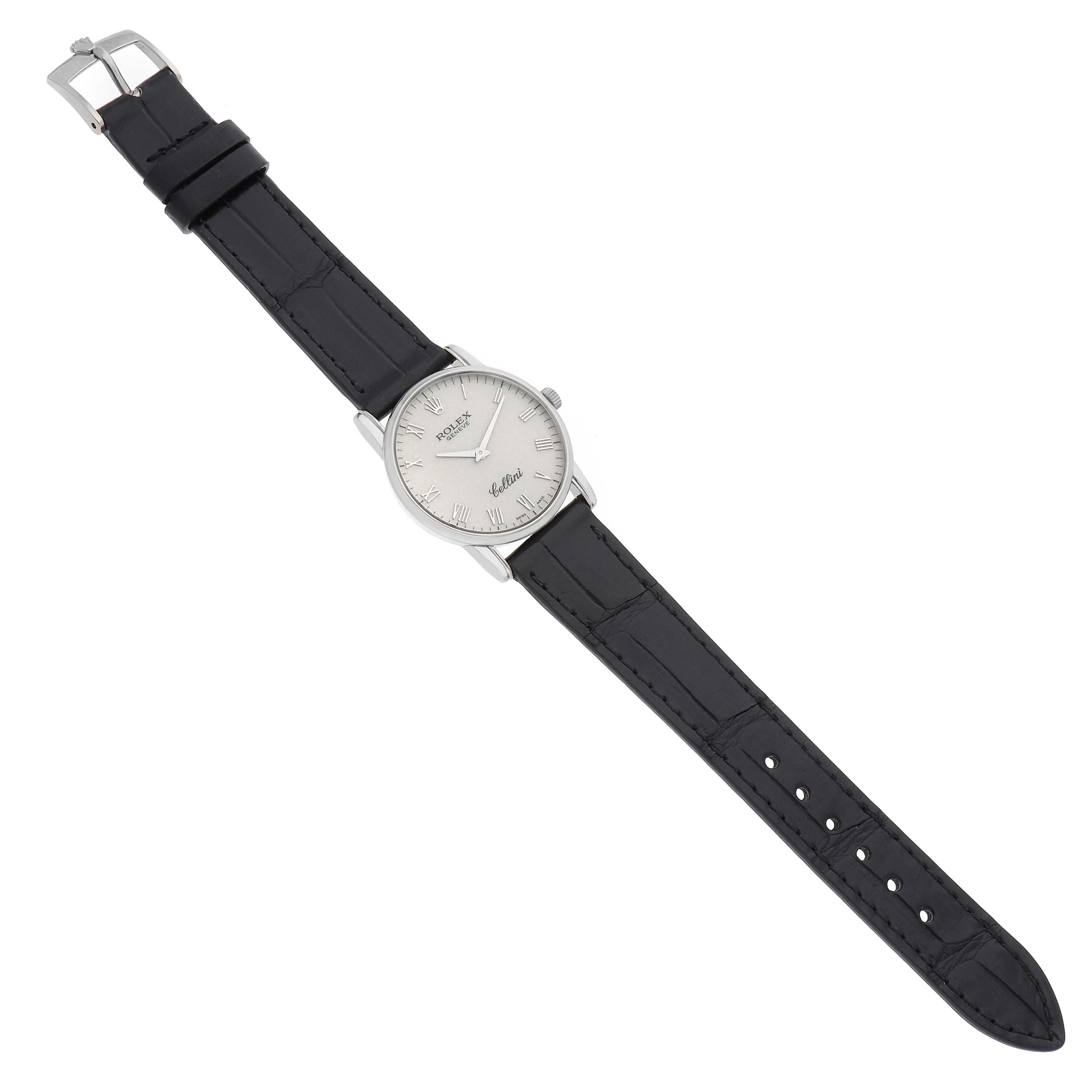 The Rolex Cellini 5116/9 Men's White Gold White Dial watch is shown at an overhead angle, displaying the full dial, strap, and buckle.