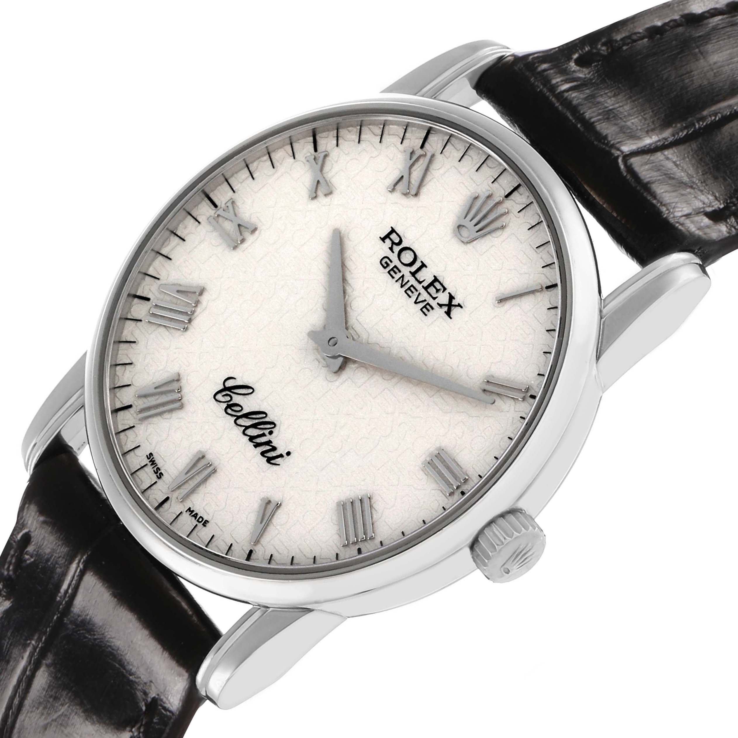 The Rolex Cellini 5116/9 Men's White Gold White Dial watch is shown at an angle, displaying the dial, hands, crown, and leather strap.