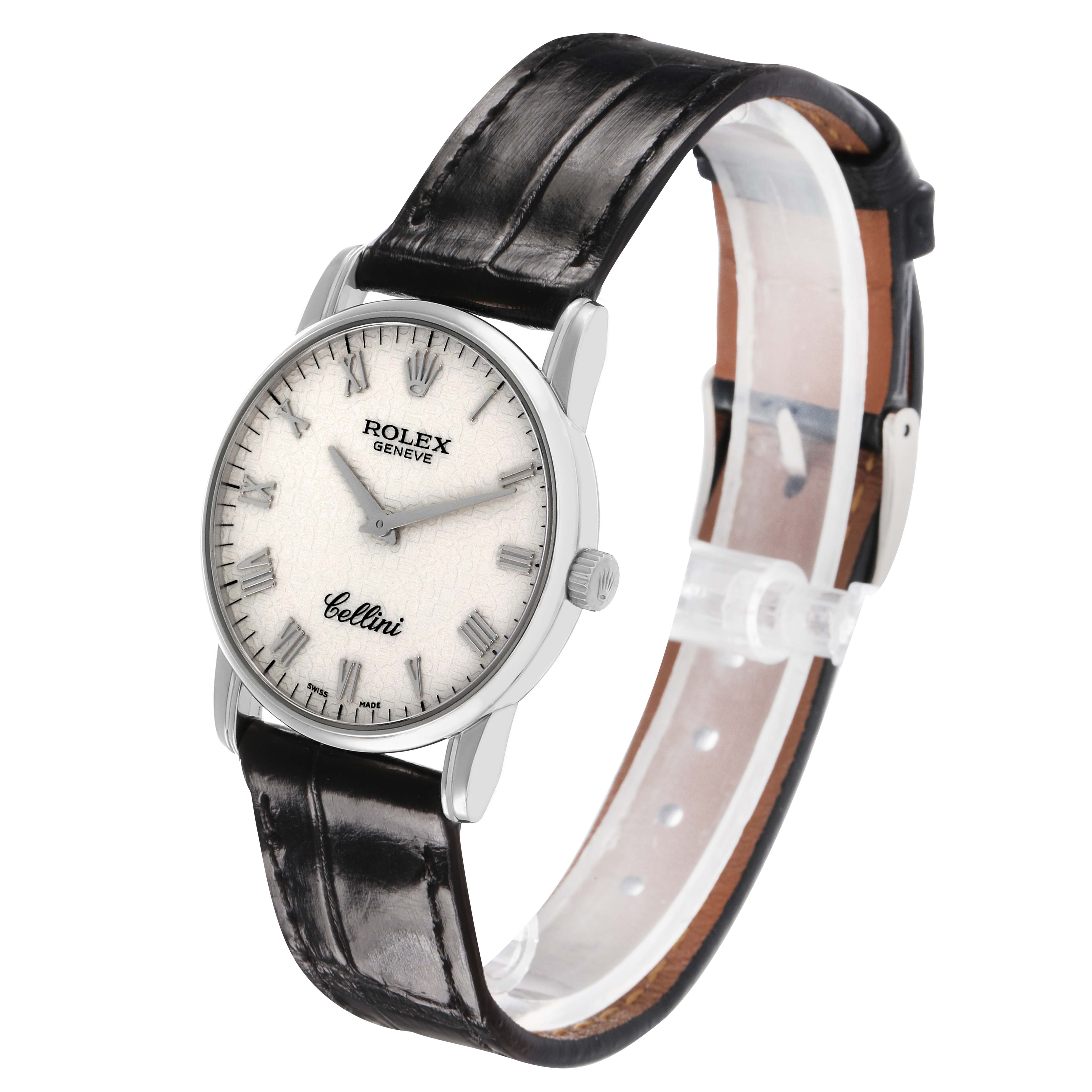 The Rolex Cellini 5116/9 Men's White Gold White Dial watch is shown at a slight side angle, highlighting the face, bezel, and leather strap.