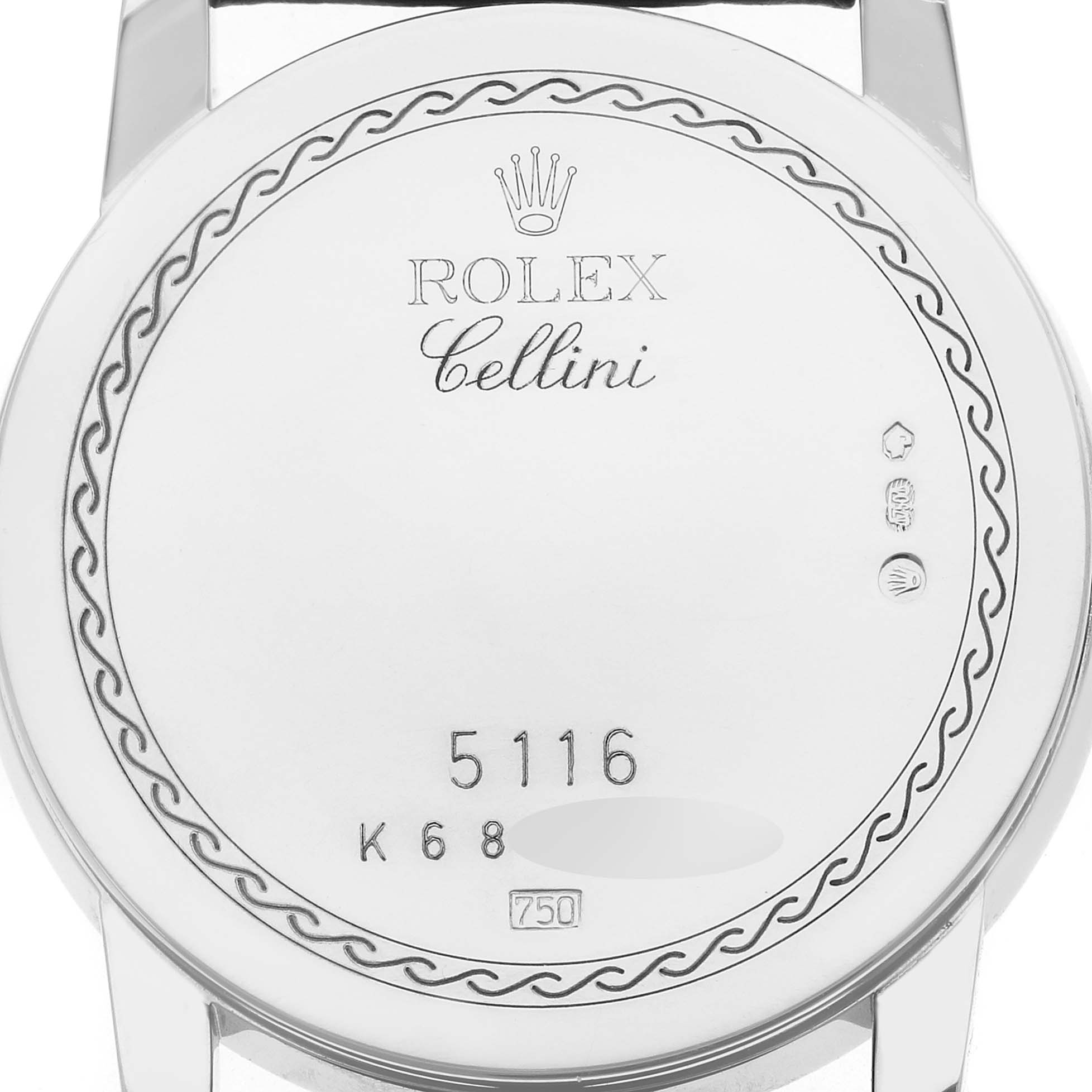 The image shows the case back of a Rolex Cellini 5116/9 Men's White Gold White Dial watch with brand engraving and hallmarks.